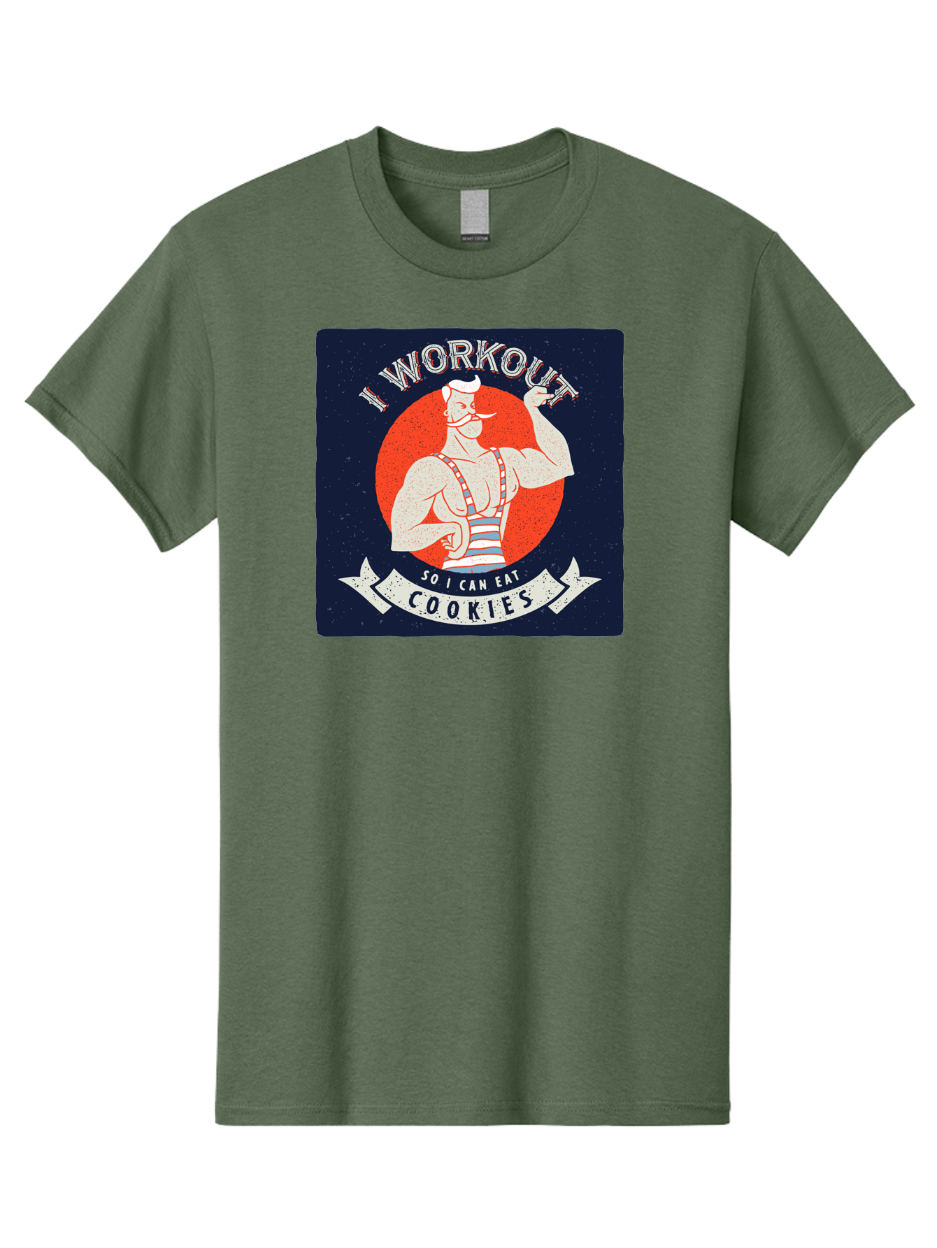 Cookie-Lover-Workout Men'S Graphic Tee, 100% Cotton, Comfortable Casual Summer Wear, Machine Washable, Funny Fitness Quote, Workout Humor, Cookie Lover, Vintage Style Illustration, Muscular Man, Handlebar Mustache, Retro Graphic Design, Aac434
