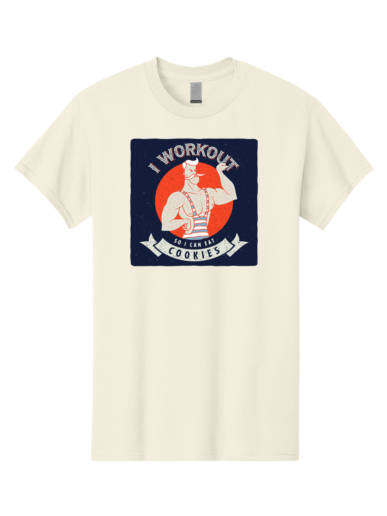 Cookie-Lover-Workout Men'S Graphic Tee, 100% Cotton, Comfortable Casual Summer Wear, Machine Washable, Funny Fitness Quote, Workout Humor, Cookie Lover, Vintage Style Illustration, Muscular Man, Handlebar Mustache, Retro Graphic Design, Aac434