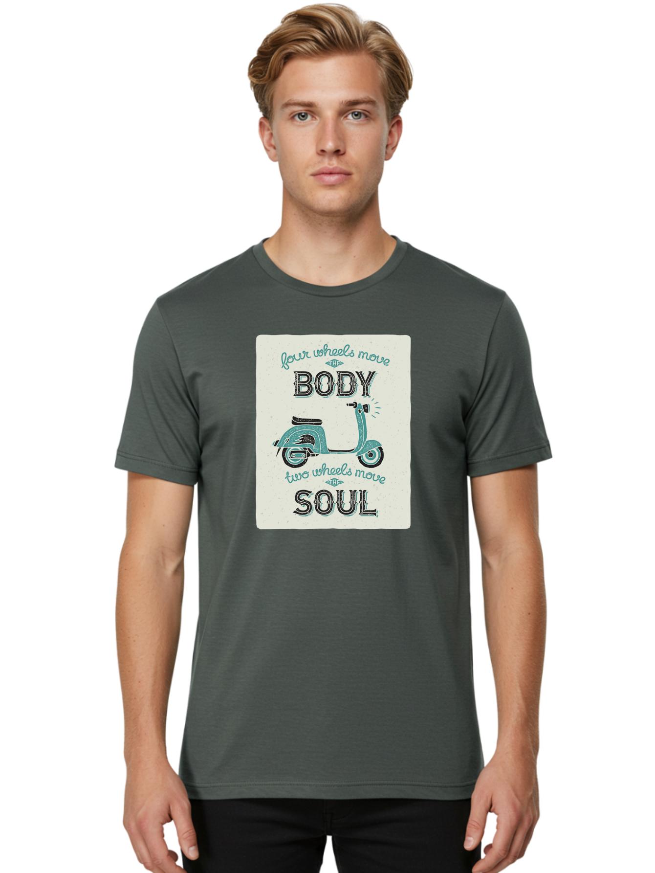 Four-Wheels-Move-The-Body-Two-Wheels-Move-The-Soul-1 Men'S Graphic Tee, 100% Cotton, Comfortable Casual Summer Wear, Machine Washable, Vintage Scooter, Retro Design, Quote About Soul, Bike Enthusiast, Motor Scooter, Scooter Lover, Aac435