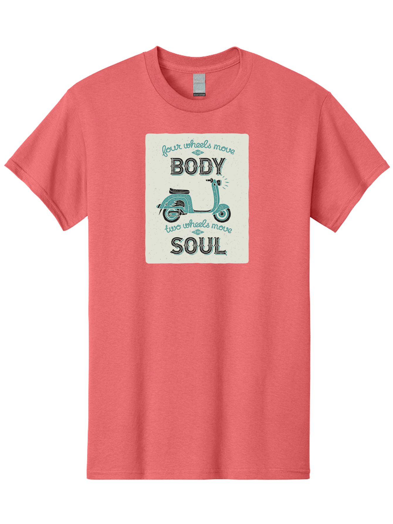 Four-Wheels-Move-The-Body-Two-Wheels-Move-The-Soul-1 Men'S Graphic Tee, 100% Cotton, Comfortable Casual Summer Wear, Machine Washable, Vintage Scooter, Retro Design, Quote About Soul, Bike Enthusiast, Motor Scooter, Scooter Lover, Aac435