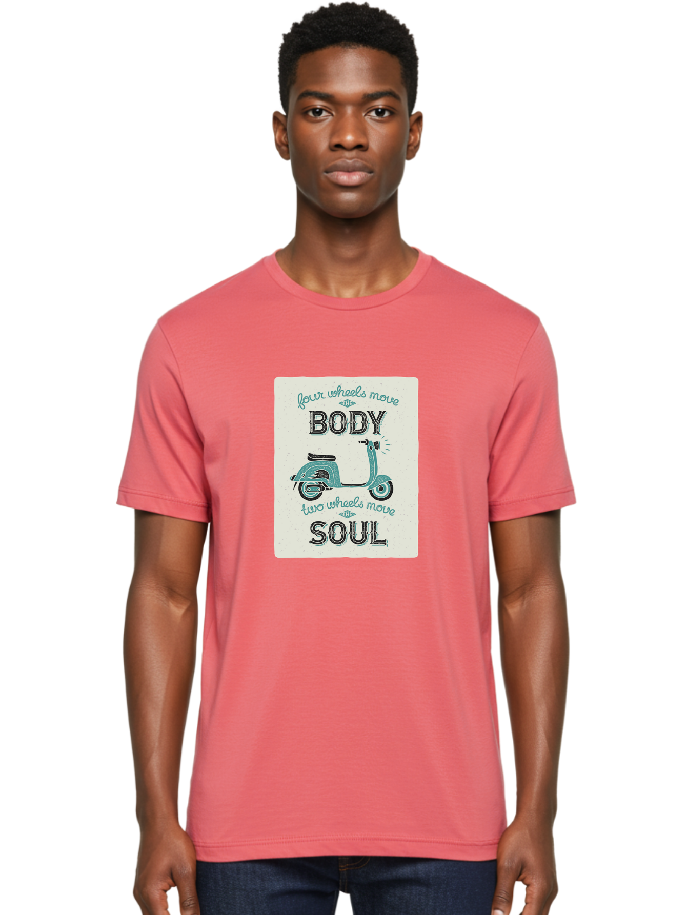 Four-Wheels-Move-The-Body-Two-Wheels-Move-The-Soul-1 Men'S Graphic Tee, 100% Cotton, Comfortable Casual Summer Wear, Machine Washable, Vintage Scooter, Retro Design, Quote About Soul, Bike Enthusiast, Motor Scooter, Scooter Lover, Aac435