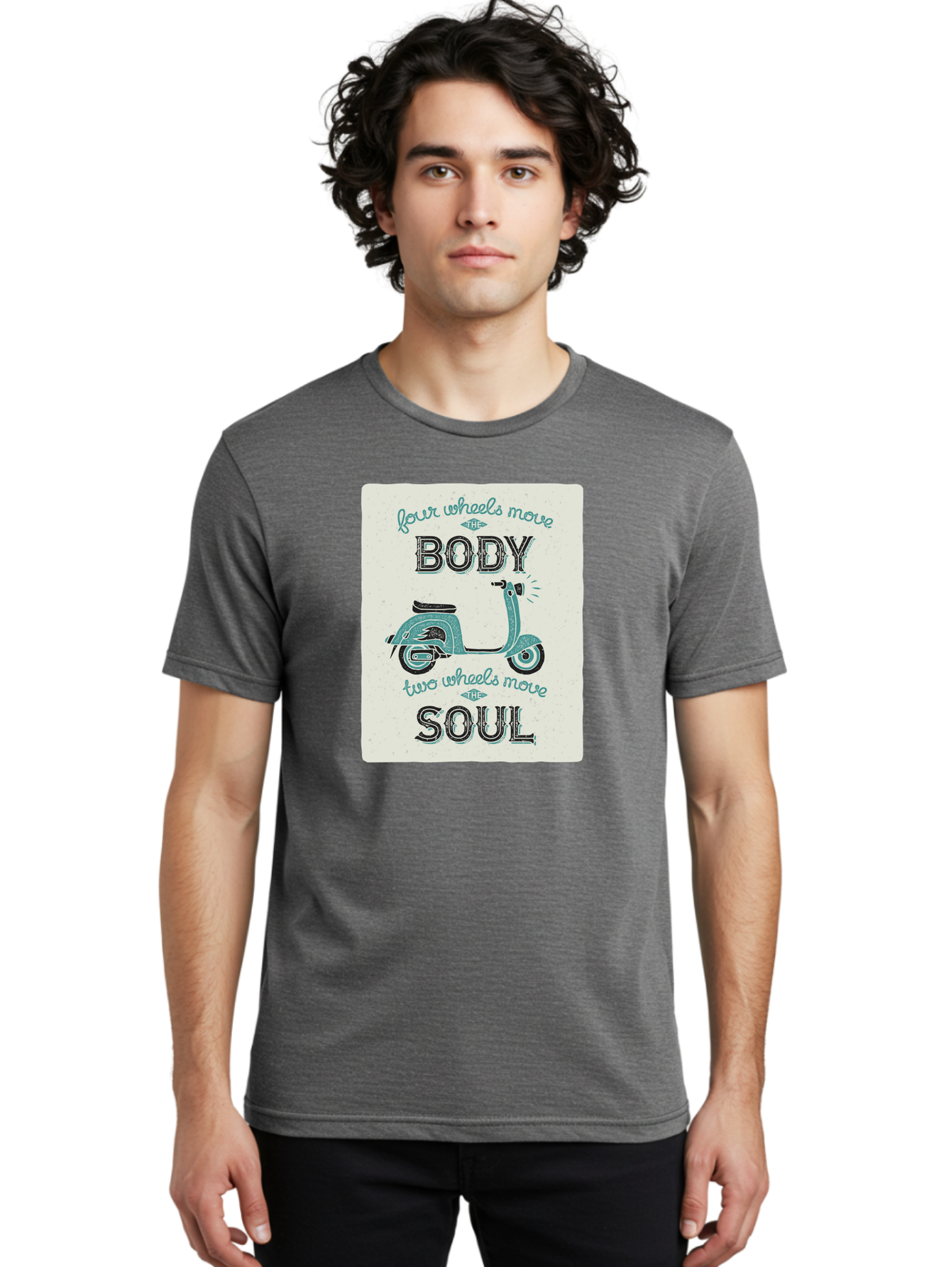 Four-Wheels-Move-The-Body-Two-Wheels-Move-The-Soul-1 Men'S Graphic Tee, 100% Cotton, Comfortable Casual Summer Wear, Machine Washable, Vintage Scooter, Retro Design, Quote About Soul, Bike Enthusiast, Motor Scooter, Scooter Lover, Aac435