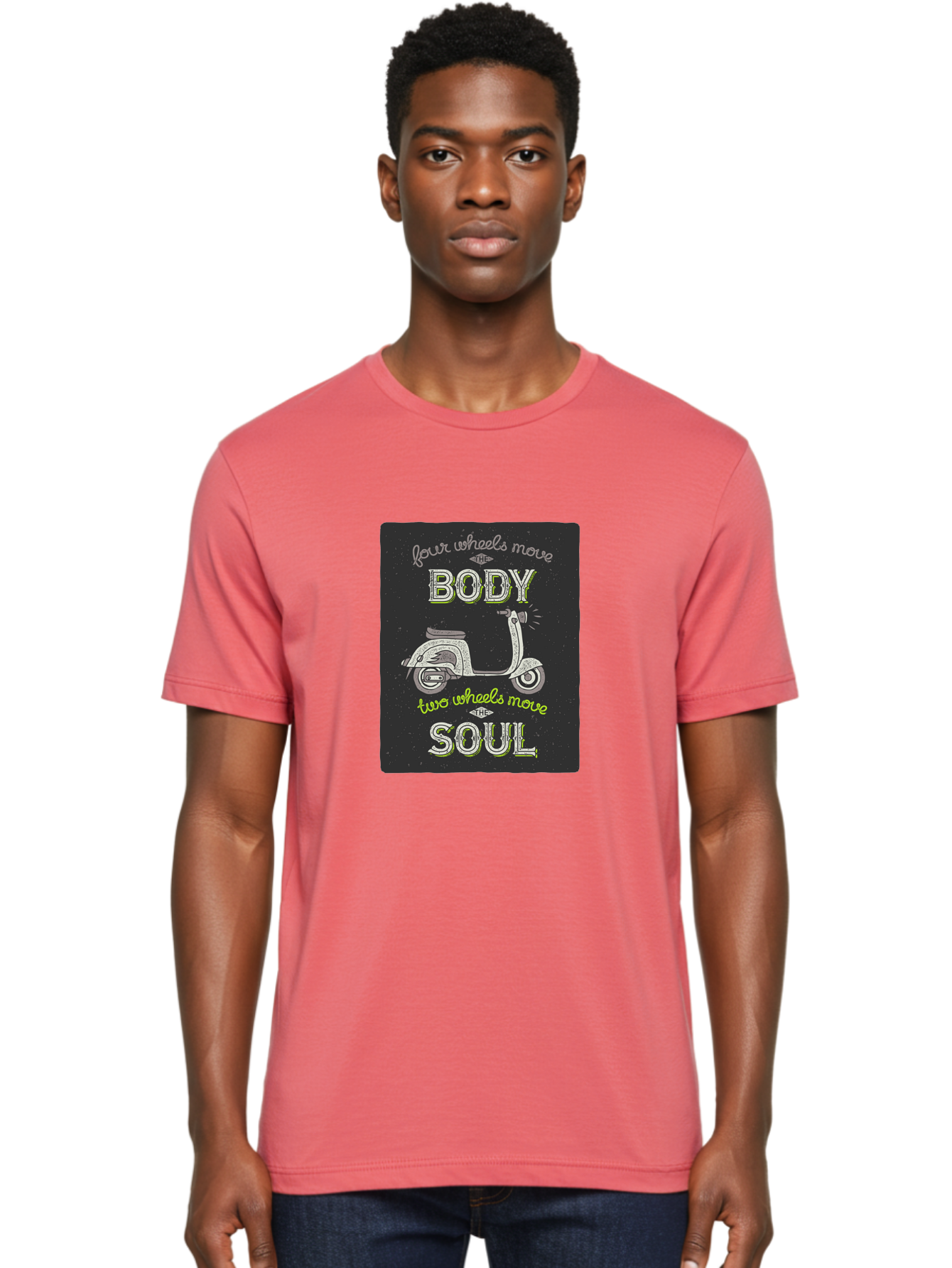 Four-Wheels-Move-The-Body-Two-Wheels-Move-The-Soul Men'S Graphic Tee, 100% Cotton, Comfortable Casual Summer Wear, Machine Washable, Vintage Scooter, Motivational Quote, Scooter Enthusiast, Soulful Ride, Freedom On Wheels, Biker Chic, Aac436