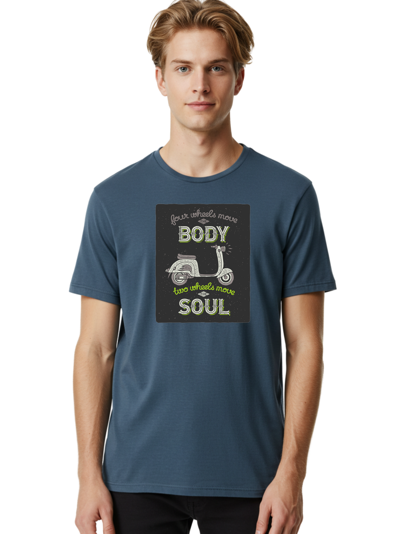Four-Wheels-Move-The-Body-Two-Wheels-Move-The-Soul Men'S Graphic Tee, 100% Cotton, Comfortable Casual Summer Wear, Machine Washable, Vintage Scooter, Motivational Quote, Scooter Enthusiast, Soulful Ride, Freedom On Wheels, Biker Chic, Aac436