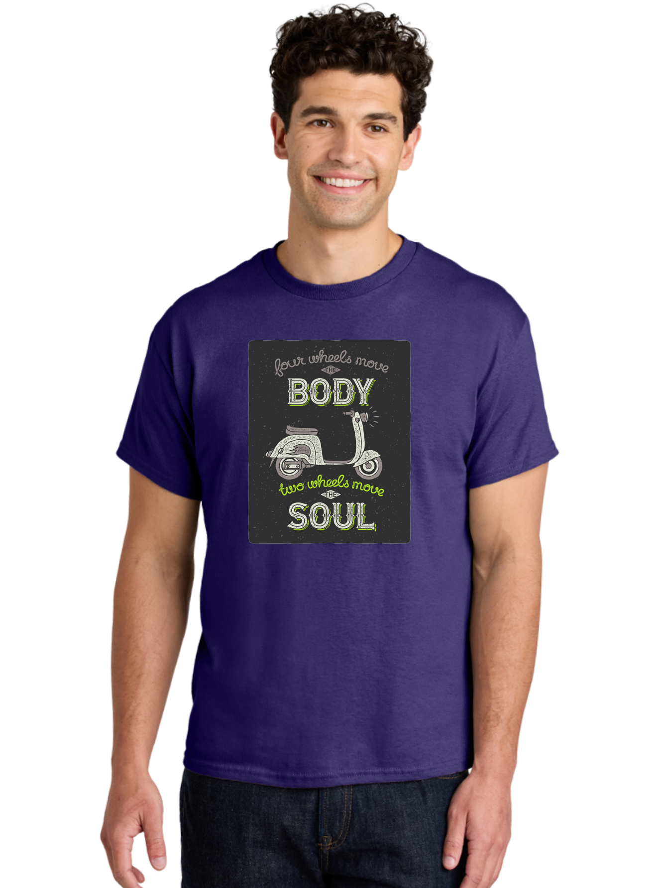Four-Wheels-Move-The-Body-Two-Wheels-Move-The-Soul Men'S Graphic Tee, 100% Cotton, Comfortable Casual Summer Wear, Machine Washable, Vintage Scooter, Motivational Quote, Scooter Enthusiast, Soulful Ride, Freedom On Wheels, Biker Chic, Aac436