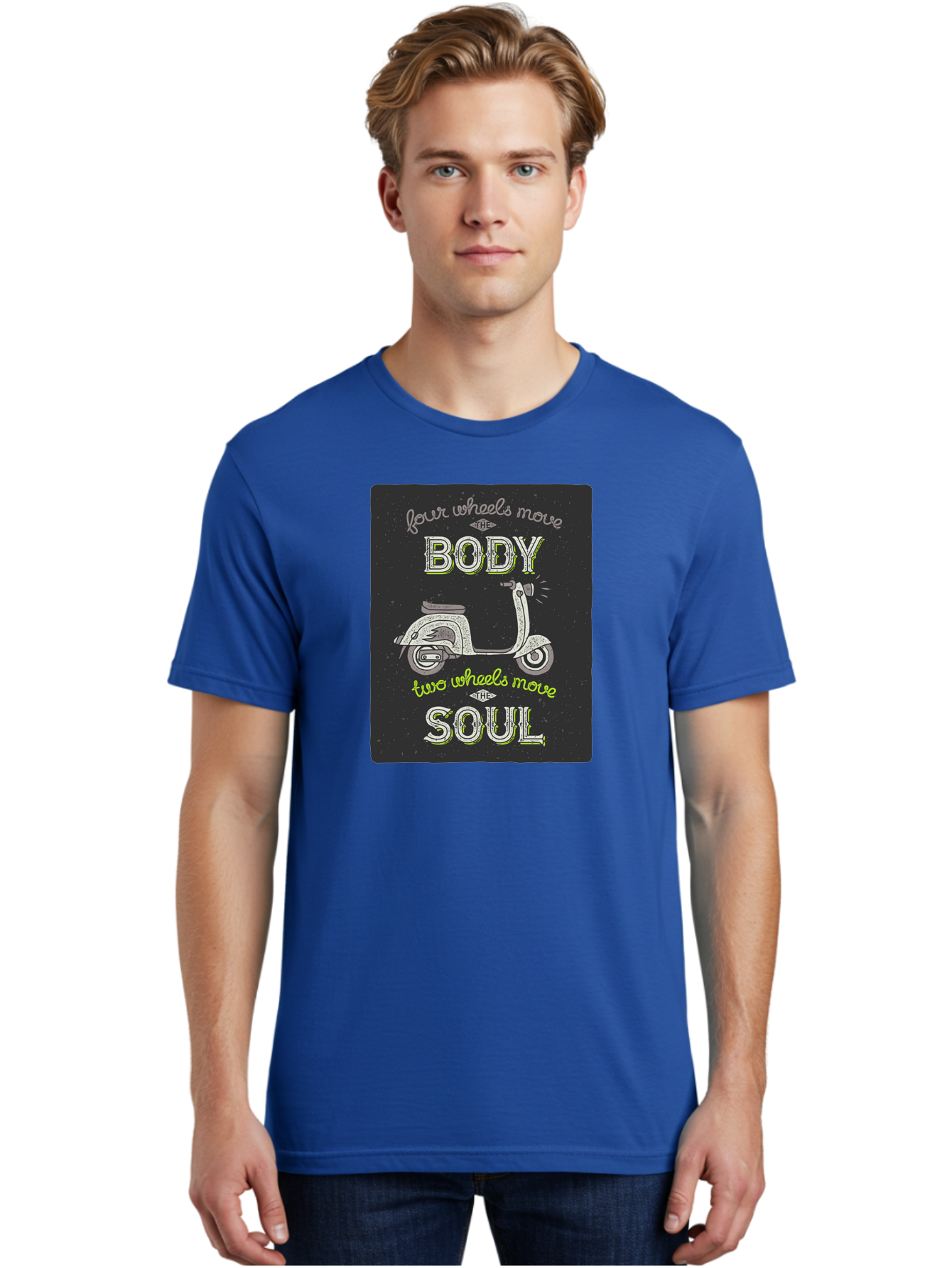 Four-Wheels-Move-The-Body-Two-Wheels-Move-The-Soul Men'S Graphic Tee, 100% Cotton, Comfortable Casual Summer Wear, Machine Washable, Vintage Scooter, Motivational Quote, Scooter Enthusiast, Soulful Ride, Freedom On Wheels, Biker Chic, Aac436