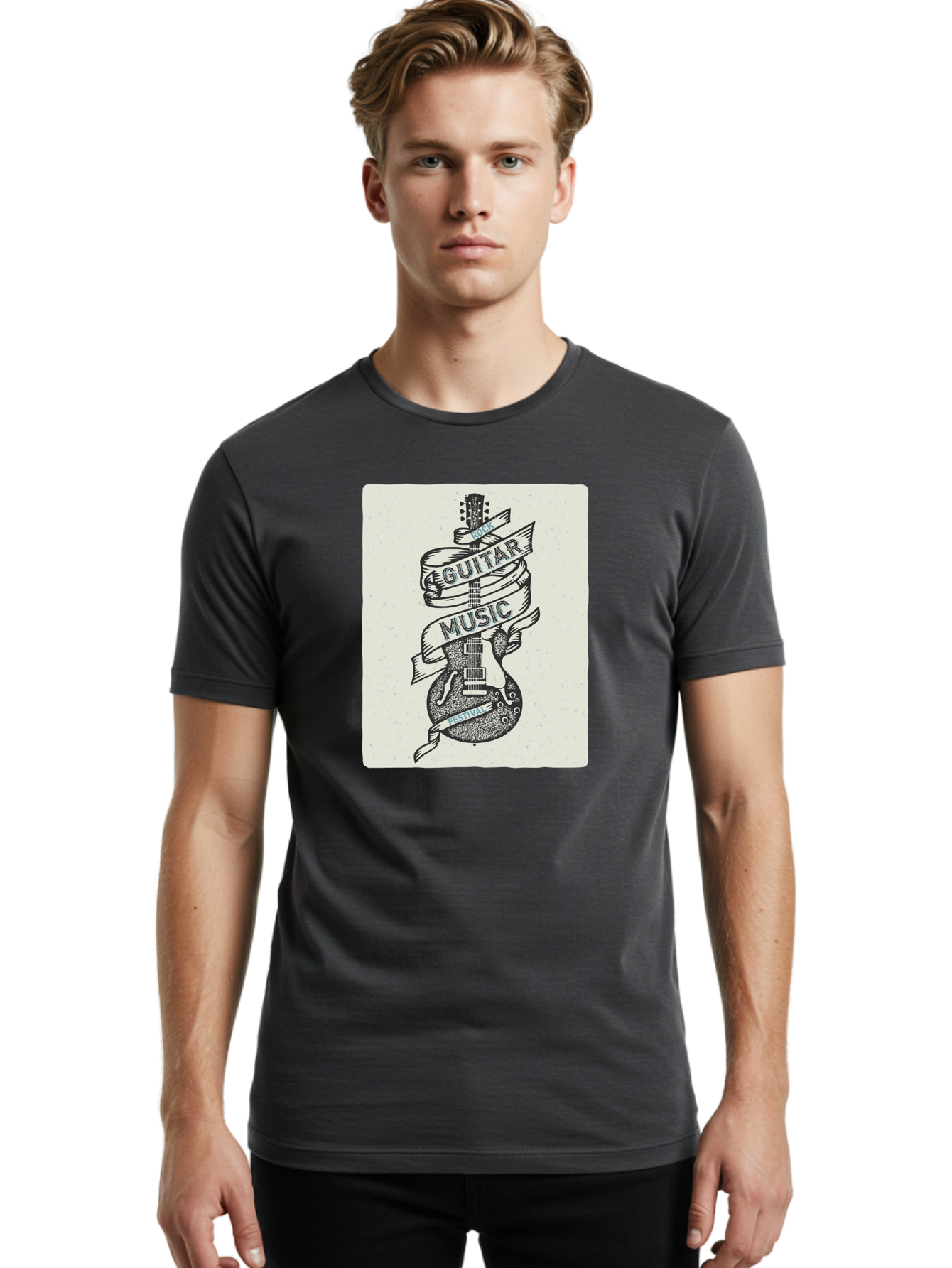Guitar-Music-Festival Men'S Graphic Tee, 100% Cotton, Comfortable Casual Summer Wear, Machine Washable, Guitar Music Festival, Electric Guitar, Rock Music, Hand-Drawn Illustration, Festival Banner, Music Event, Guitar Art Aac437