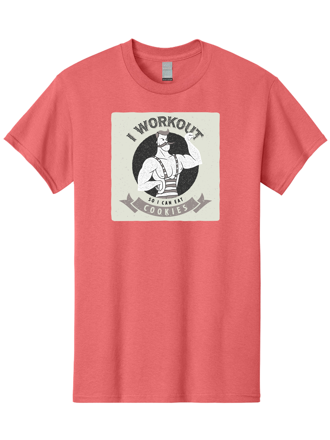 I-Workout-So-I-Can-Eat-Cookies Men'S Graphic Tee, 100% Cotton, Comfortable Casual Summer Wear, Machine Washable, Vintage Fitness Illustration, Muscular Man With Handlebar Mustache, Comic Style Graphic, Humorous Workout Quote, Flexing Muscles, Aac438