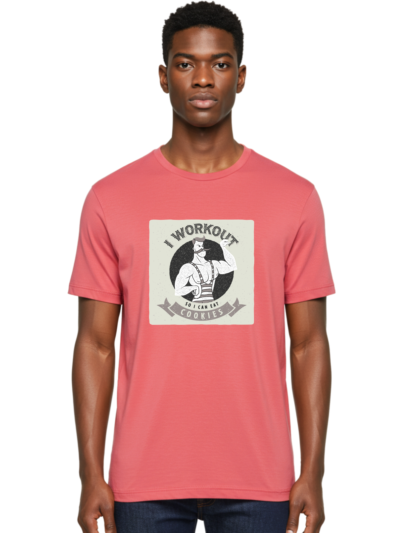I-Workout-So-I-Can-Eat-Cookies Men'S Graphic Tee, 100% Cotton, Comfortable Casual Summer Wear, Machine Washable, Vintage Fitness Illustration, Muscular Man With Handlebar Mustache, Comic Style Graphic, Humorous Workout Quote, Flexing Muscles, Aac438