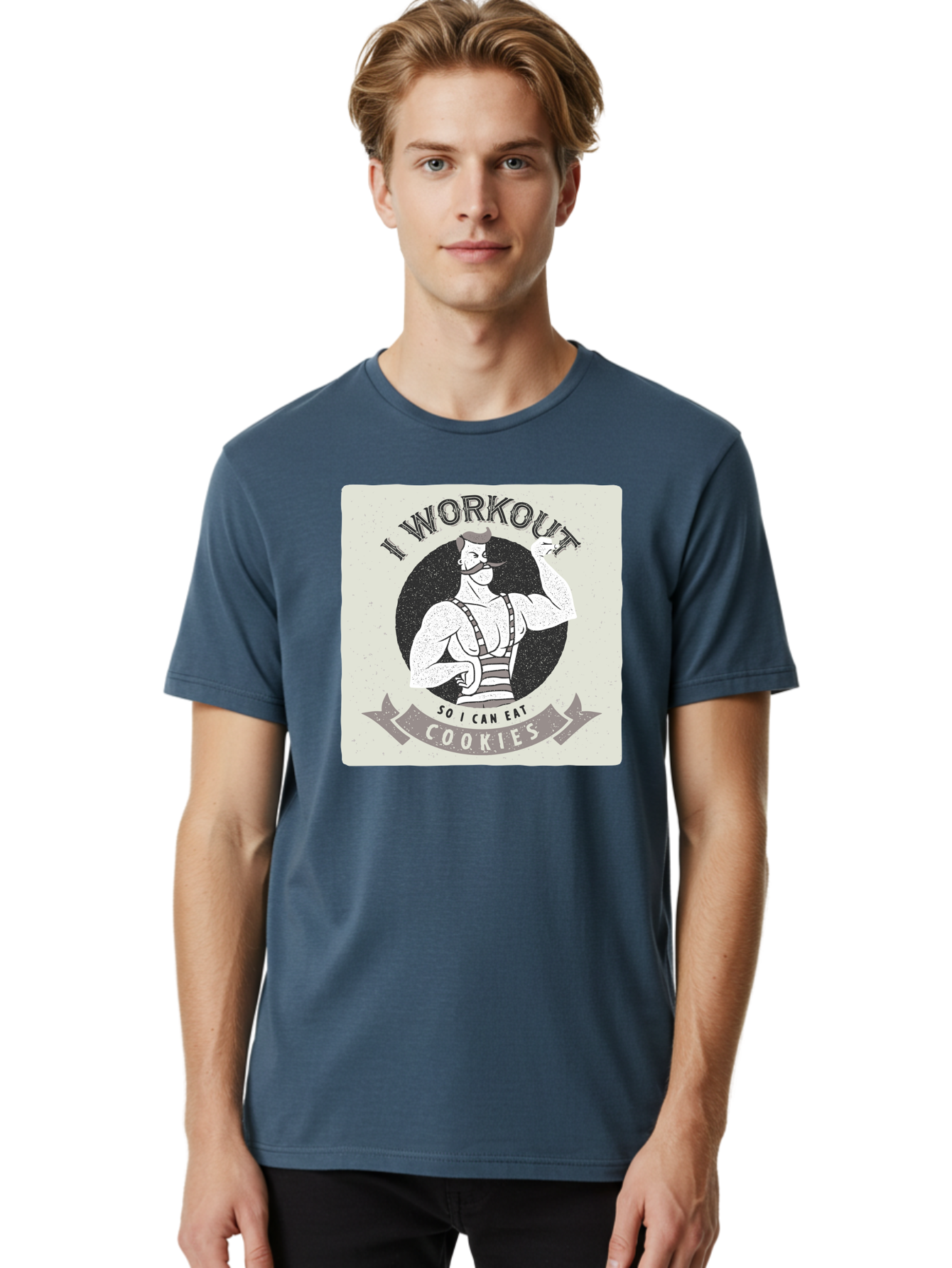 I-Workout-So-I-Can-Eat-Cookies Men'S Graphic Tee, 100% Cotton, Comfortable Casual Summer Wear, Machine Washable, Vintage Fitness Illustration, Muscular Man With Handlebar Mustache, Comic Style Graphic, Humorous Workout Quote, Flexing Muscles, Aac438