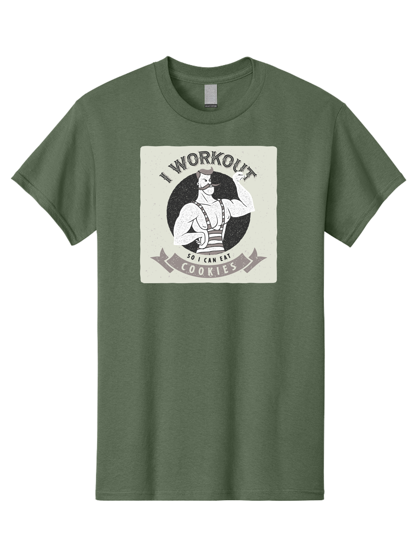 I-Workout-So-I-Can-Eat-Cookies Men'S Graphic Tee, 100% Cotton, Comfortable Casual Summer Wear, Machine Washable, Vintage Fitness Illustration, Muscular Man With Handlebar Mustache, Comic Style Graphic, Humorous Workout Quote, Flexing Muscles, Aac438