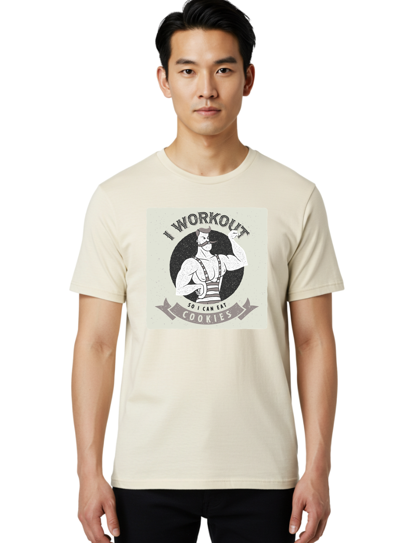 I-Workout-So-I-Can-Eat-Cookies Men'S Graphic Tee, 100% Cotton, Comfortable Casual Summer Wear, Machine Washable, Vintage Fitness Illustration, Muscular Man With Handlebar Mustache, Comic Style Graphic, Humorous Workout Quote, Flexing Muscles, Aac438