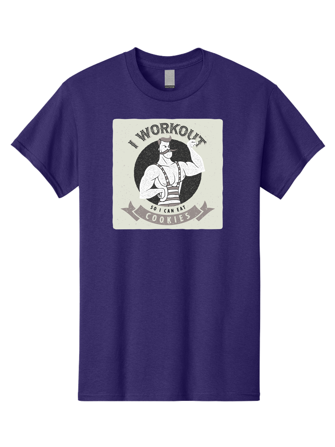 I-Workout-So-I-Can-Eat-Cookies Men'S Graphic Tee, 100% Cotton, Comfortable Casual Summer Wear, Machine Washable, Vintage Fitness Illustration, Muscular Man With Handlebar Mustache, Comic Style Graphic, Humorous Workout Quote, Flexing Muscles, Aac438