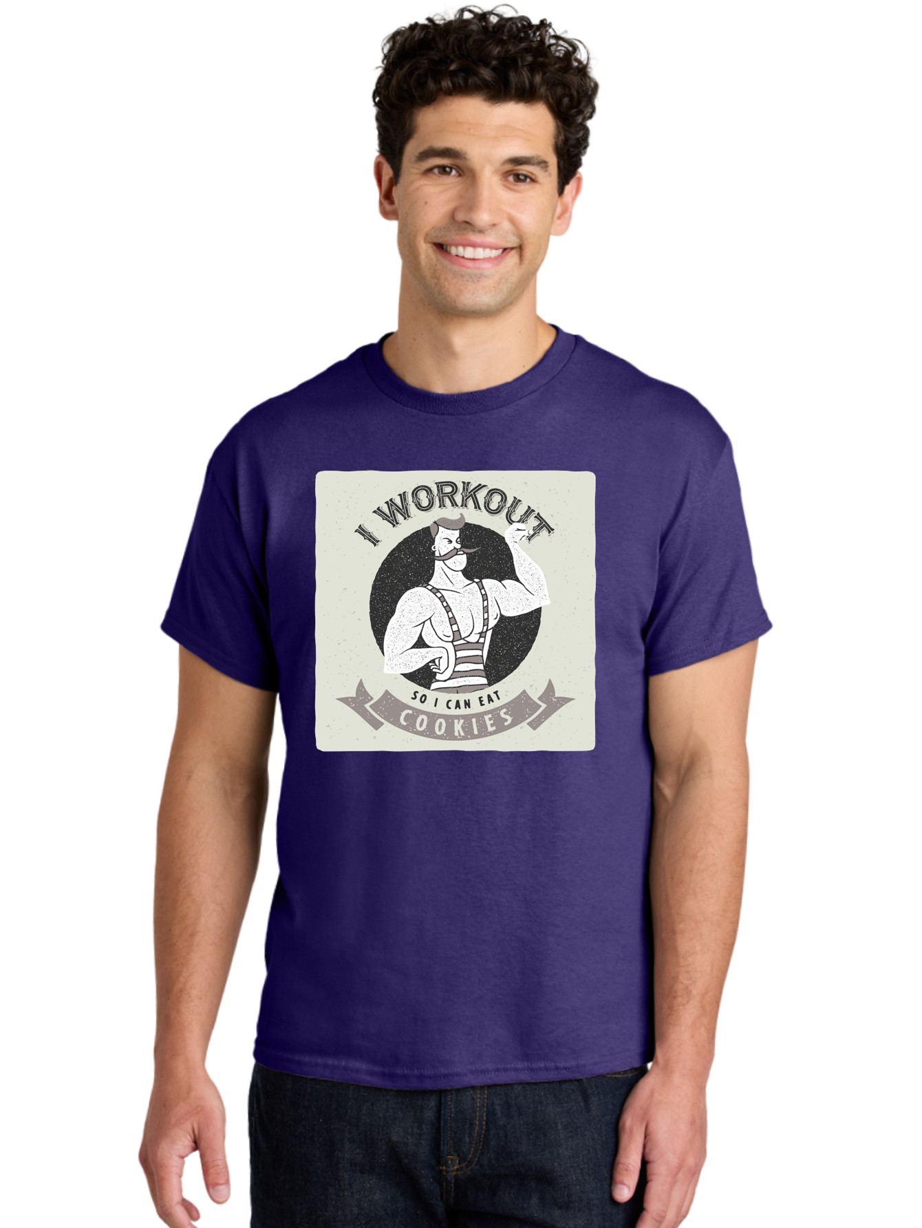I-Workout-So-I-Can-Eat-Cookies Men'S Graphic Tee, 100% Cotton, Comfortable Casual Summer Wear, Machine Washable, Vintage Fitness Illustration, Muscular Man With Handlebar Mustache, Comic Style Graphic, Humorous Workout Quote, Flexing Muscles, Aac438