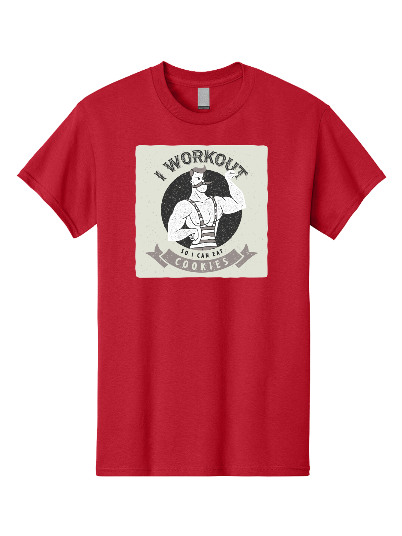 I-Workout-So-I-Can-Eat-Cookies Men'S Graphic Tee, 100% Cotton, Comfortable Casual Summer Wear, Machine Washable, Vintage Fitness Illustration, Muscular Man With Handlebar Mustache, Comic Style Graphic, Humorous Workout Quote, Flexing Muscles, Aac438