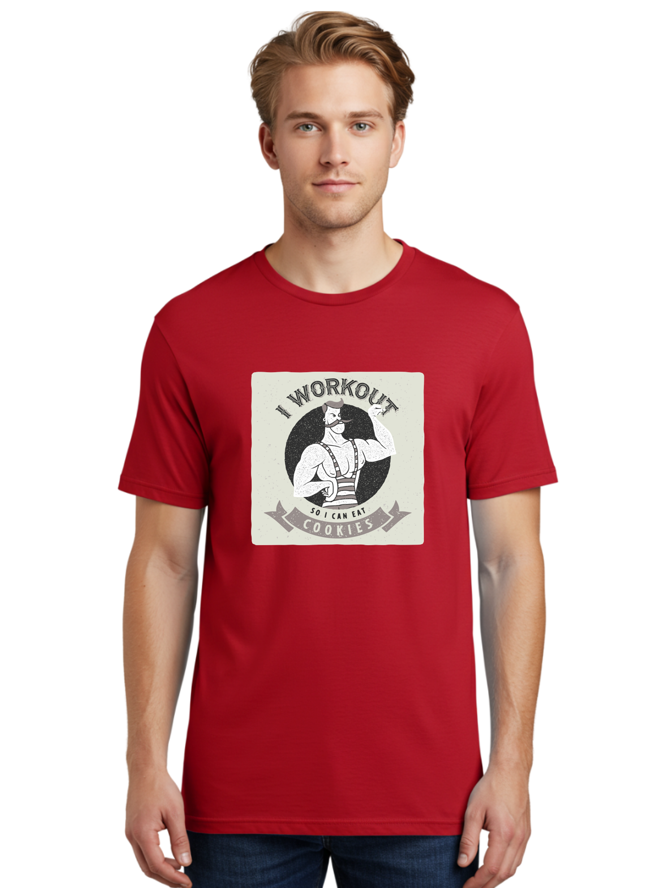 I-Workout-So-I-Can-Eat-Cookies Men'S Graphic Tee, 100% Cotton, Comfortable Casual Summer Wear, Machine Washable, Vintage Fitness Illustration, Muscular Man With Handlebar Mustache, Comic Style Graphic, Humorous Workout Quote, Flexing Muscles, Aac438