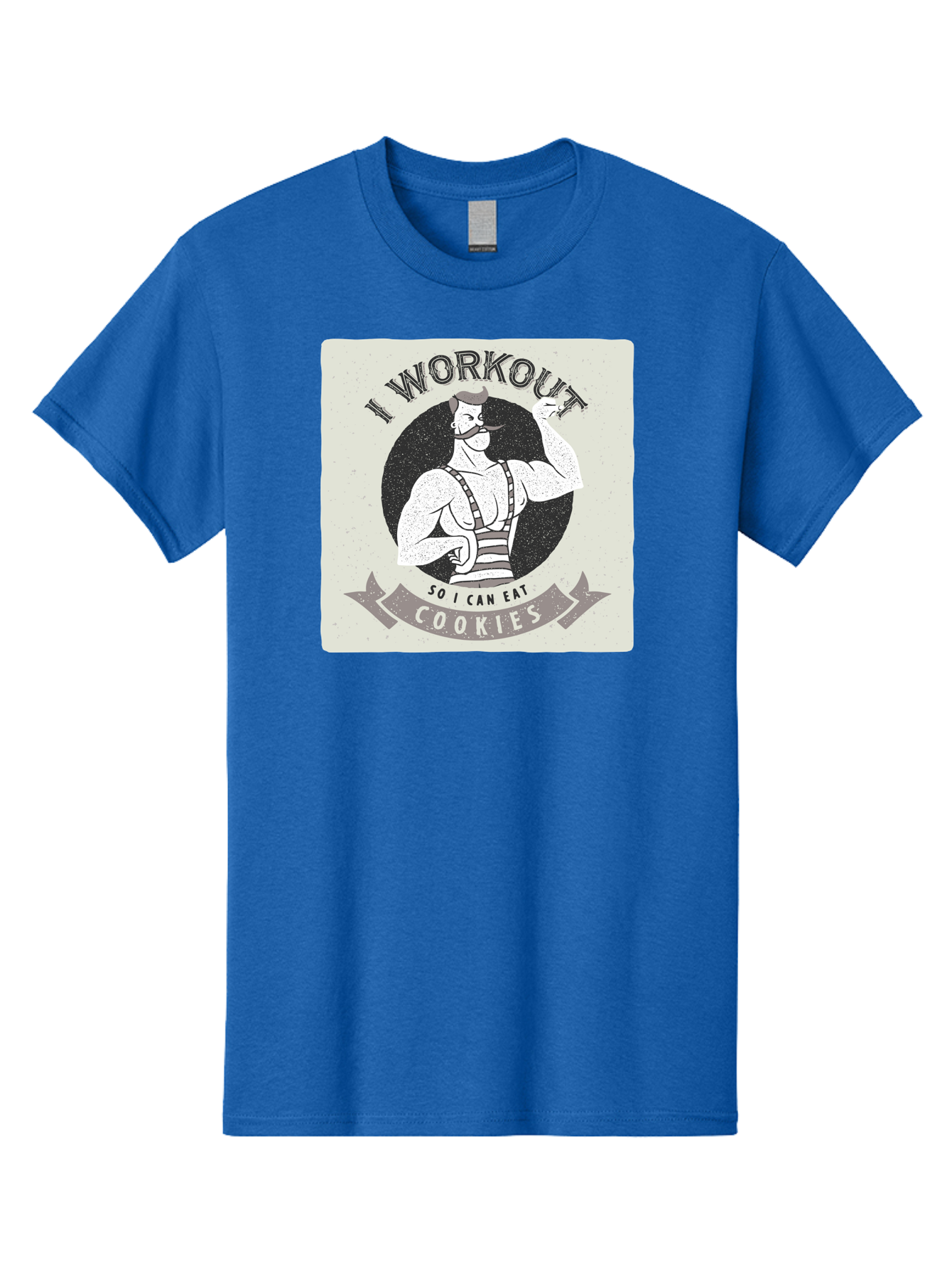 I-Workout-So-I-Can-Eat-Cookies Men'S Graphic Tee, 100% Cotton, Comfortable Casual Summer Wear, Machine Washable, Vintage Fitness Illustration, Muscular Man With Handlebar Mustache, Comic Style Graphic, Humorous Workout Quote, Flexing Muscles, Aac438