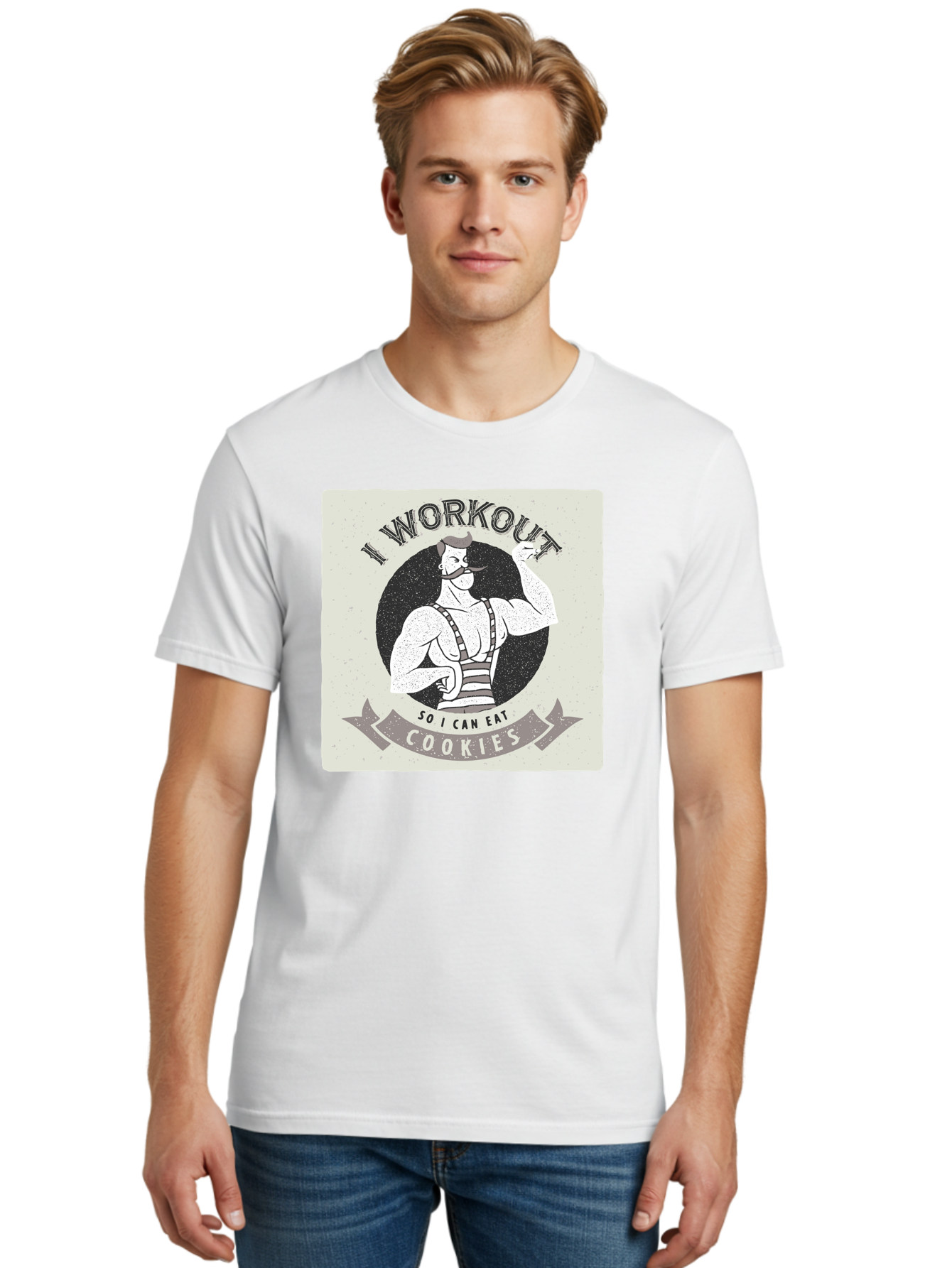 I-Workout-So-I-Can-Eat-Cookies Men'S Graphic Tee, 100% Cotton, Comfortable Casual Summer Wear, Machine Washable, Vintage Fitness Illustration, Muscular Man With Handlebar Mustache, Comic Style Graphic, Humorous Workout Quote, Flexing Muscles, Aac438