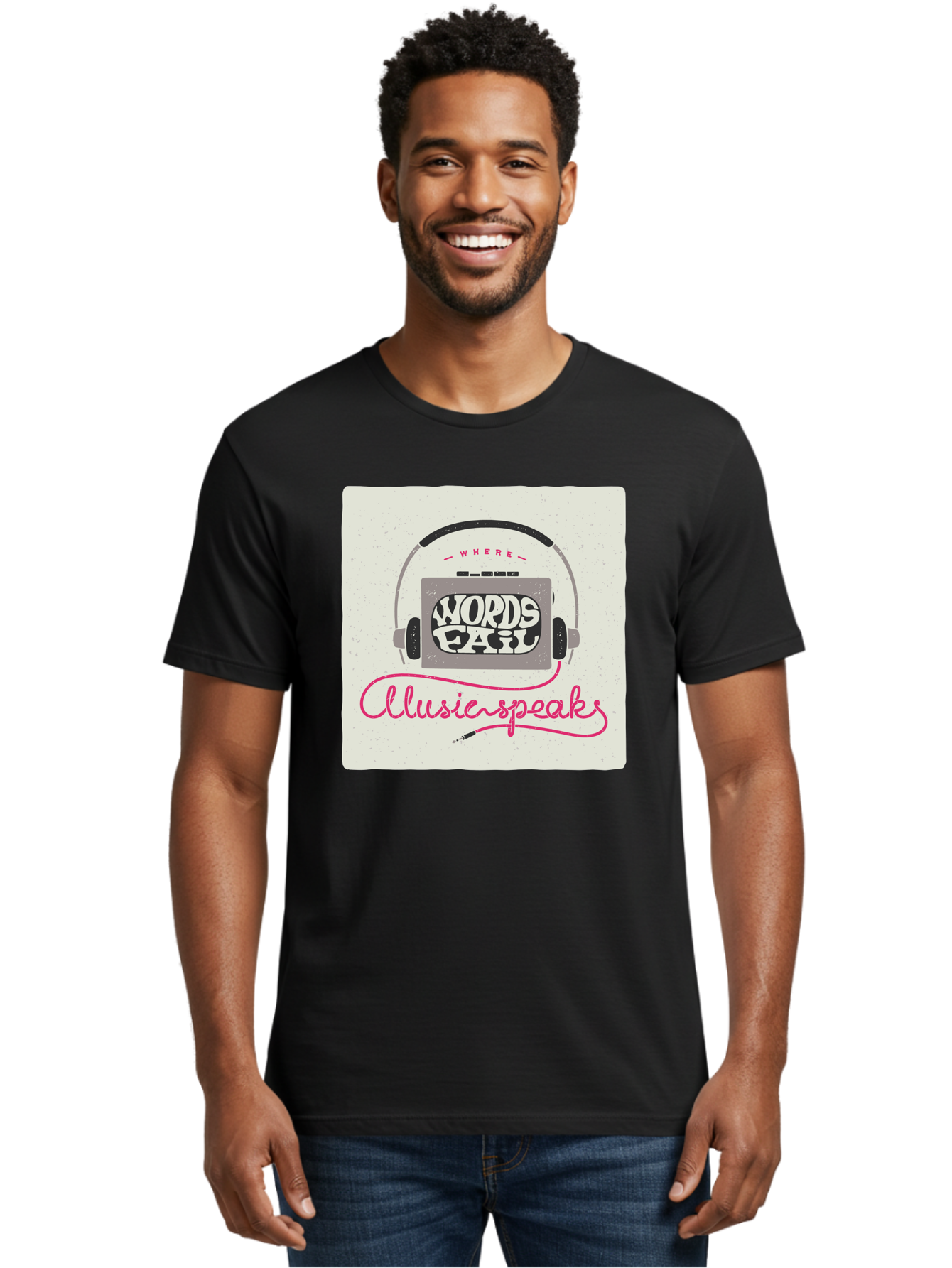 Where-Words-Fail-Music-Speaks-1 Men'S Graphic Tee, 100% Cotton, Comfortable Casual Summer Wear, Machine Washable, Music Speaks, Where Words Fail, Inspirational Quotes, Motivational Phrases, Music Headphones, Retro Style, Artistic Expression, Aac440