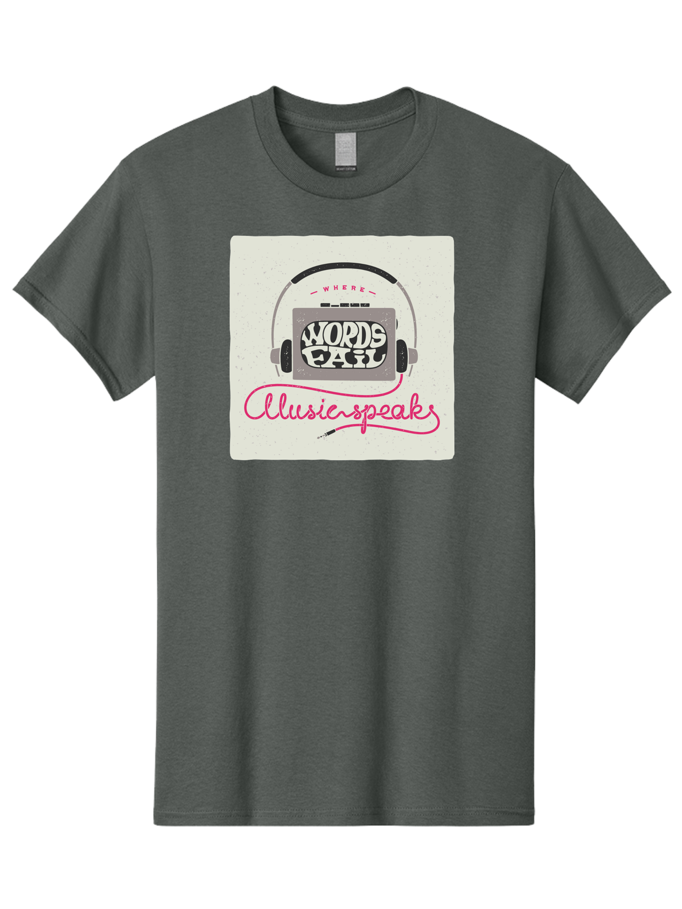 Where-Words-Fail-Music-Speaks-1 Men'S Graphic Tee, 100% Cotton, Comfortable Casual Summer Wear, Machine Washable, Music Speaks, Where Words Fail, Inspirational Quotes, Motivational Phrases, Music Headphones, Retro Style, Artistic Expression, Aac440