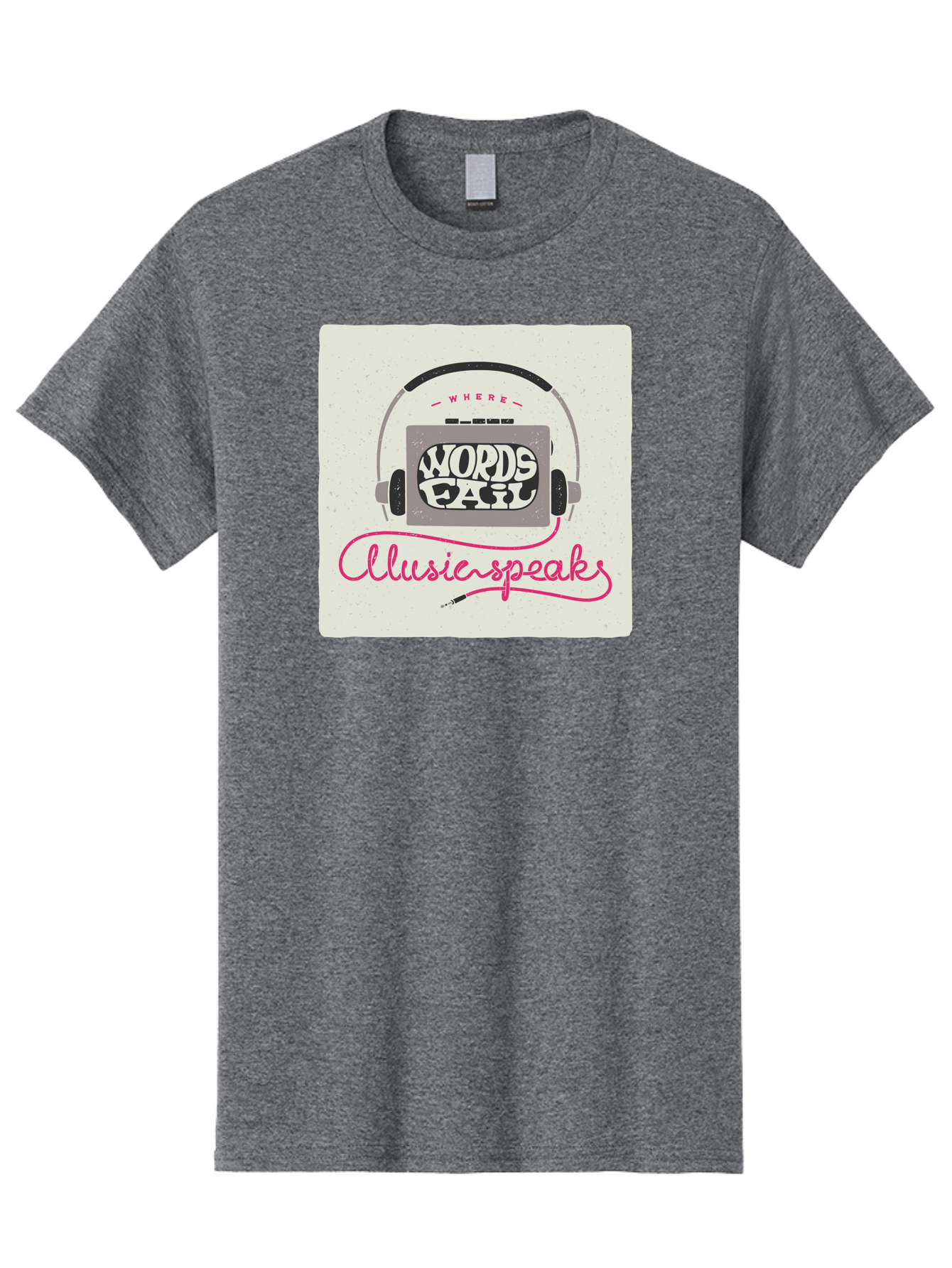 Where-Words-Fail-Music-Speaks-1 Men'S Graphic Tee, 100% Cotton, Comfortable Casual Summer Wear, Machine Washable, Music Speaks, Where Words Fail, Inspirational Quotes, Motivational Phrases, Music Headphones, Retro Style, Artistic Expression, Aac440