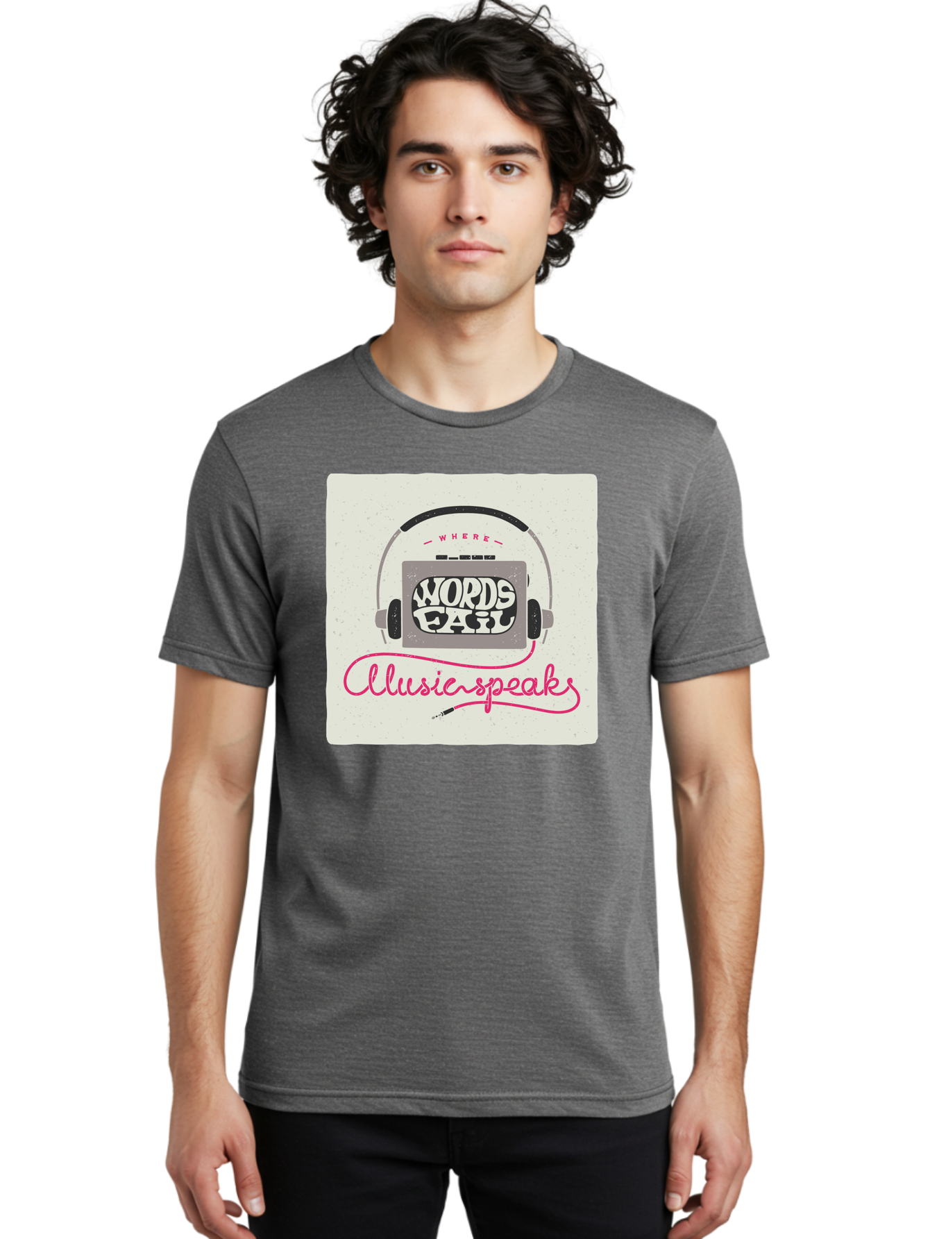 Where-Words-Fail-Music-Speaks-1 Men'S Graphic Tee, 100% Cotton, Comfortable Casual Summer Wear, Machine Washable, Music Speaks, Where Words Fail, Inspirational Quotes, Motivational Phrases, Music Headphones, Retro Style, Artistic Expression, Aac440