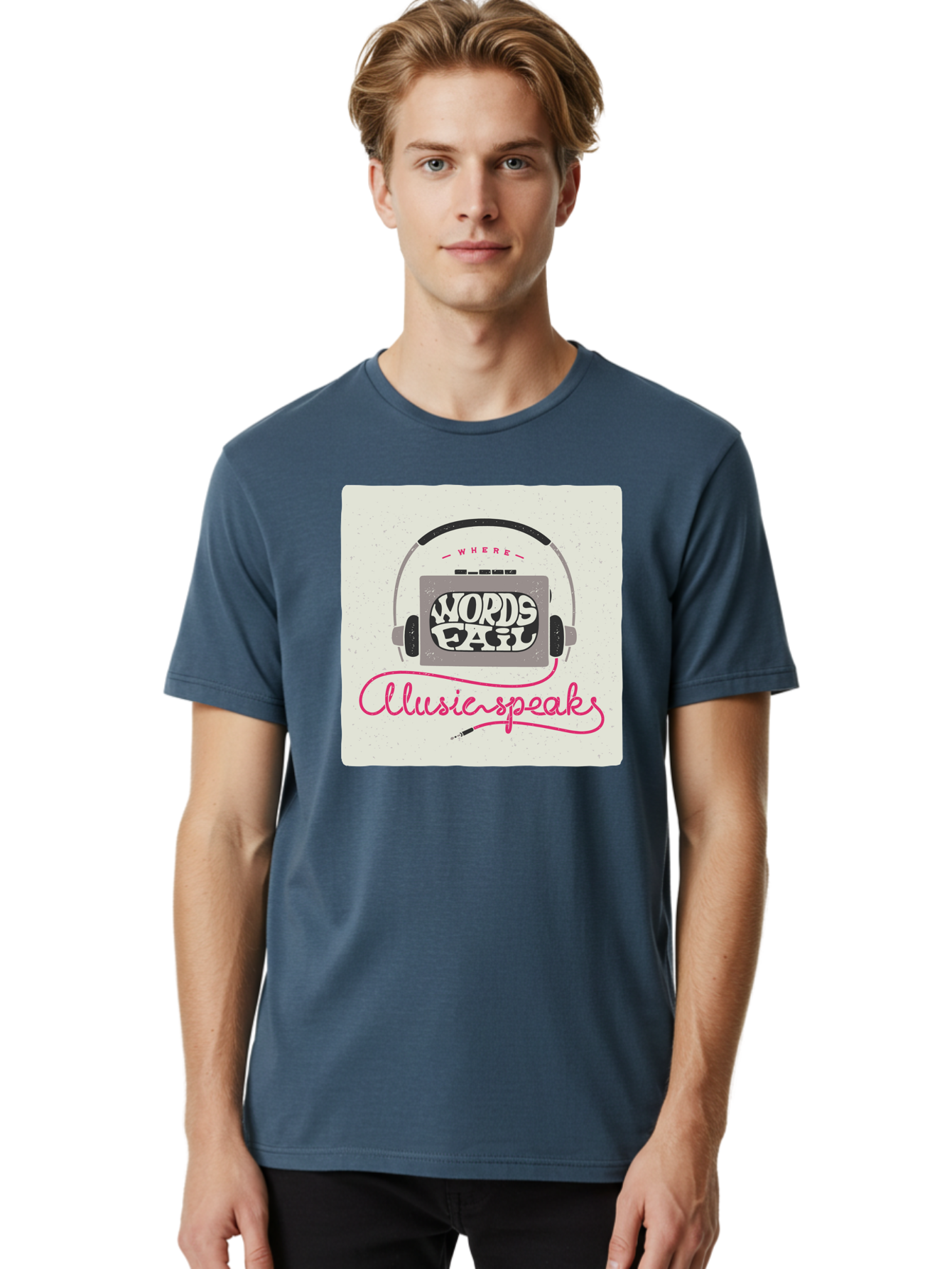 Where-Words-Fail-Music-Speaks-1 Men'S Graphic Tee, 100% Cotton, Comfortable Casual Summer Wear, Machine Washable, Music Speaks, Where Words Fail, Inspirational Quotes, Motivational Phrases, Music Headphones, Retro Style, Artistic Expression, Aac440