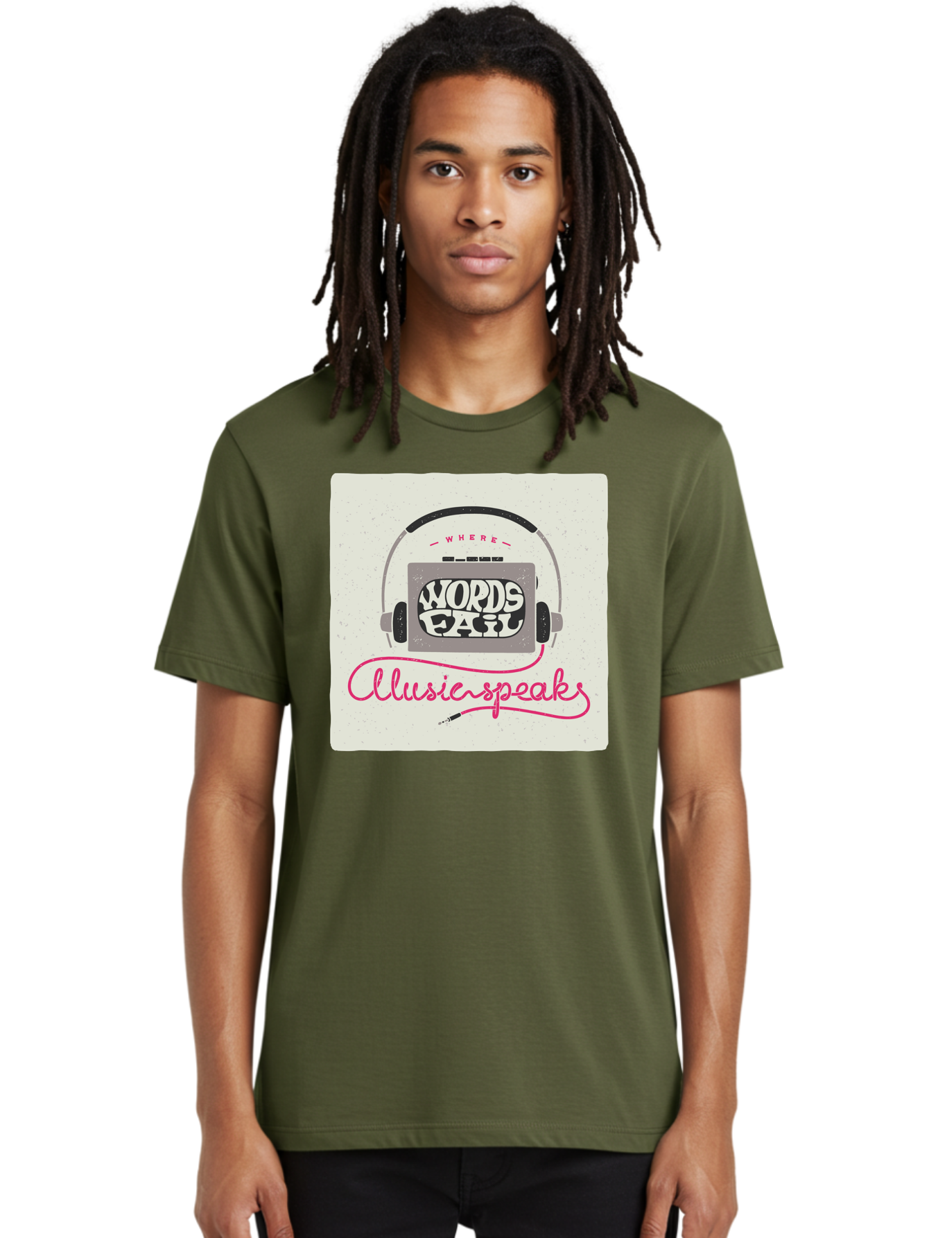 Where-Words-Fail-Music-Speaks-1 Men'S Graphic Tee, 100% Cotton, Comfortable Casual Summer Wear, Machine Washable, Music Speaks, Where Words Fail, Inspirational Quotes, Motivational Phrases, Music Headphones, Retro Style, Artistic Expression, Aac440