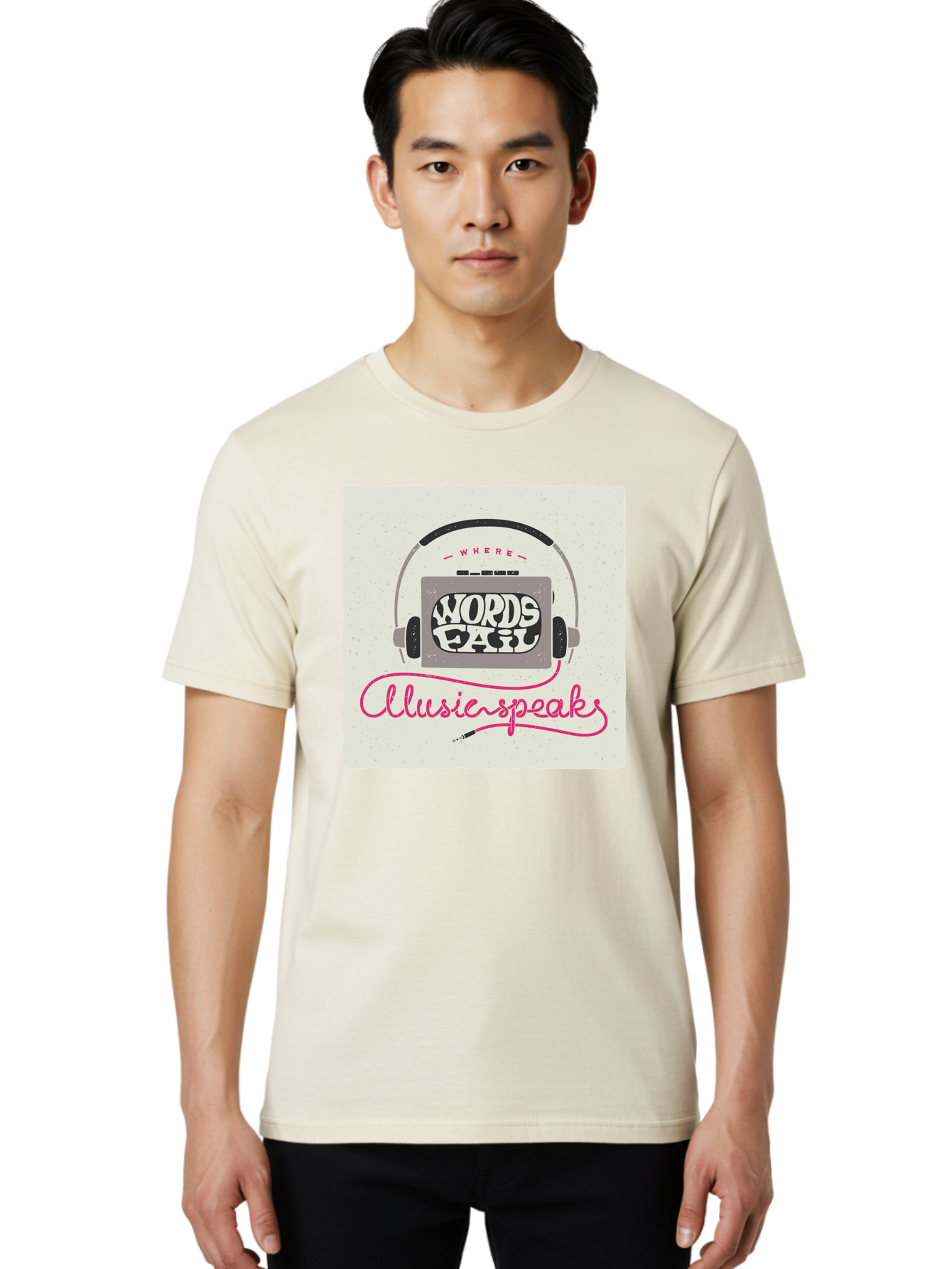 Where-Words-Fail-Music-Speaks-1 Men'S Graphic Tee, 100% Cotton, Comfortable Casual Summer Wear, Machine Washable, Music Speaks, Where Words Fail, Inspirational Quotes, Motivational Phrases, Music Headphones, Retro Style, Artistic Expression, Aac440