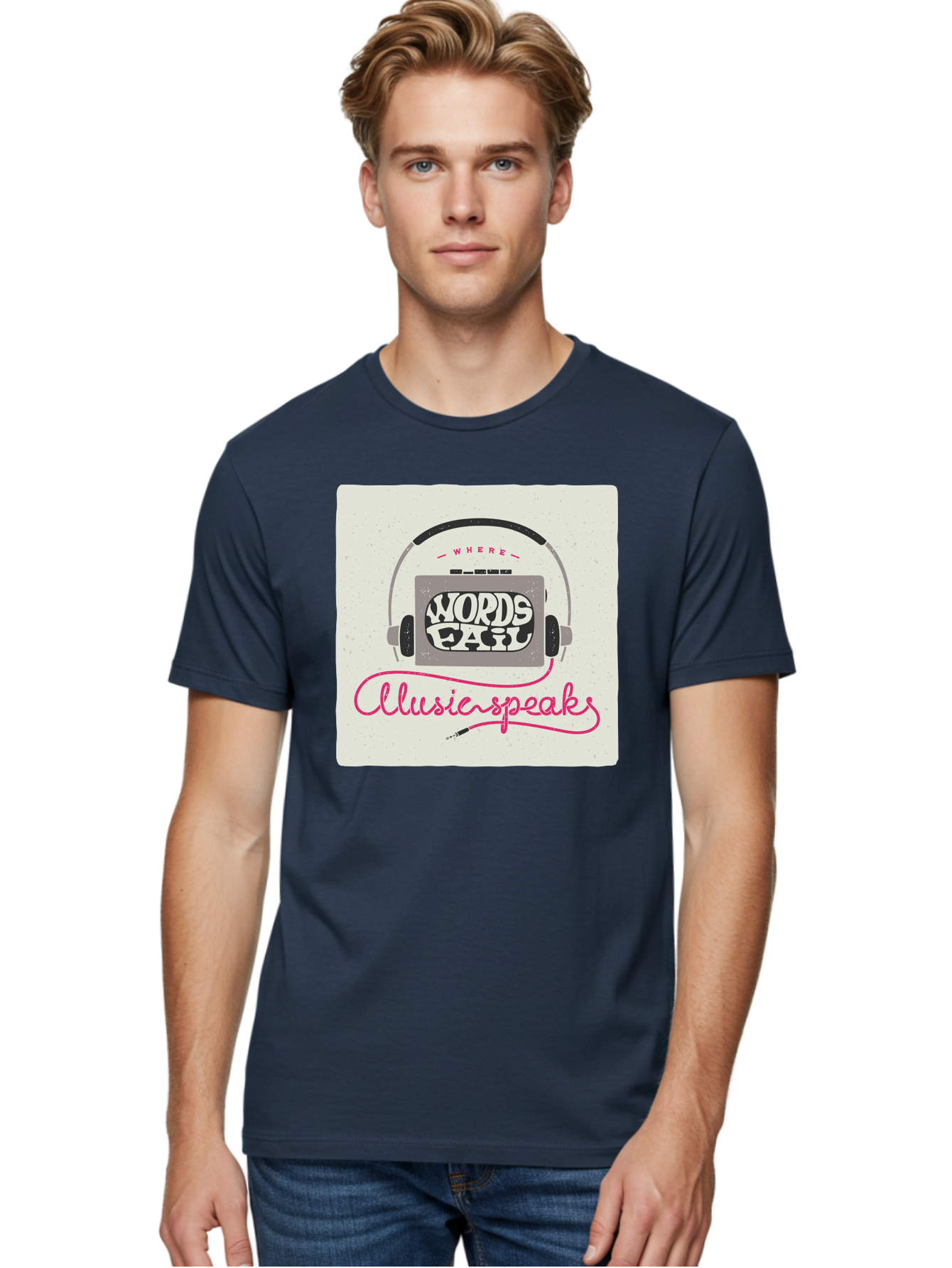 Where-Words-Fail-Music-Speaks-1 Men'S Graphic Tee, 100% Cotton, Comfortable Casual Summer Wear, Machine Washable, Music Speaks, Where Words Fail, Inspirational Quotes, Motivational Phrases, Music Headphones, Retro Style, Artistic Expression, Aac440