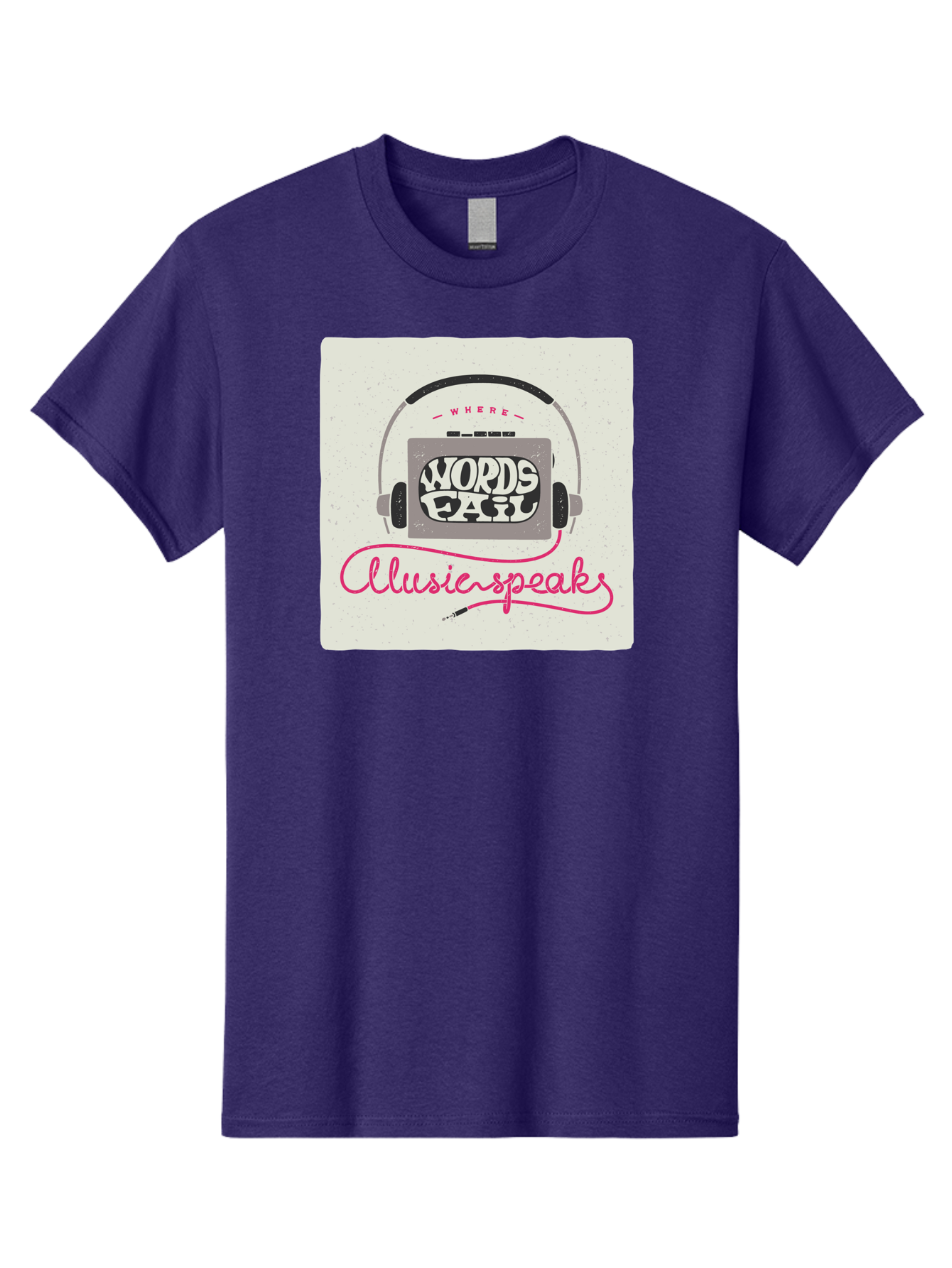 Where-Words-Fail-Music-Speaks-1 Men'S Graphic Tee, 100% Cotton, Comfortable Casual Summer Wear, Machine Washable, Music Speaks, Where Words Fail, Inspirational Quotes, Motivational Phrases, Music Headphones, Retro Style, Artistic Expression, Aac440