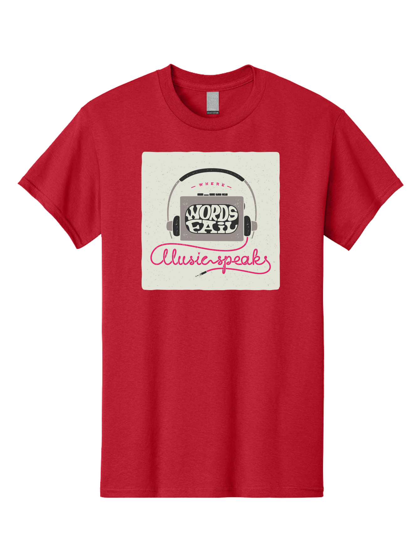 Where-Words-Fail-Music-Speaks-1 Men'S Graphic Tee, 100% Cotton, Comfortable Casual Summer Wear, Machine Washable, Music Speaks, Where Words Fail, Inspirational Quotes, Motivational Phrases, Music Headphones, Retro Style, Artistic Expression, Aac440