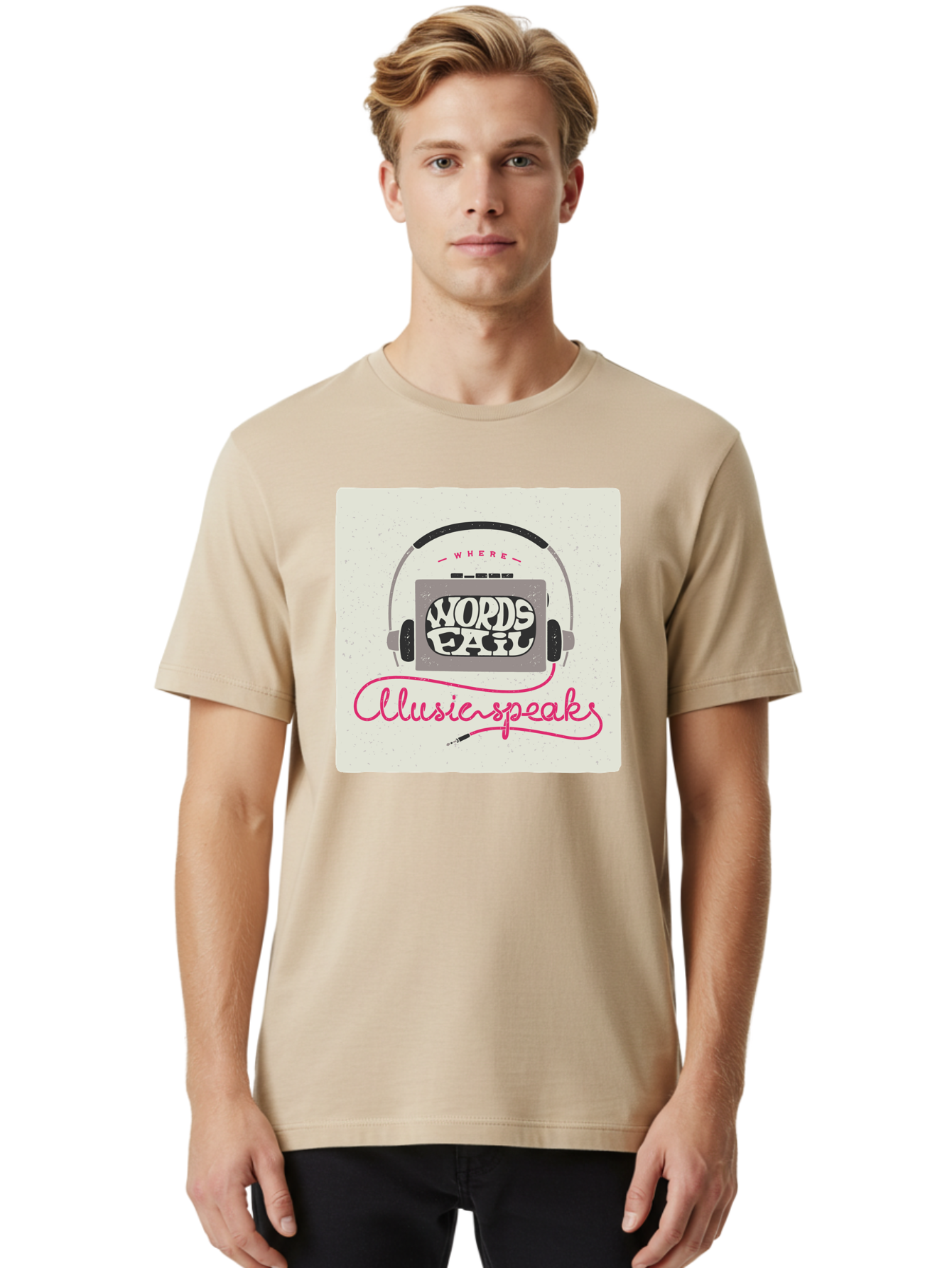 Where-Words-Fail-Music-Speaks-1 Men'S Graphic Tee, 100% Cotton, Comfortable Casual Summer Wear, Machine Washable, Music Speaks, Where Words Fail, Inspirational Quotes, Motivational Phrases, Music Headphones, Retro Style, Artistic Expression, Aac440