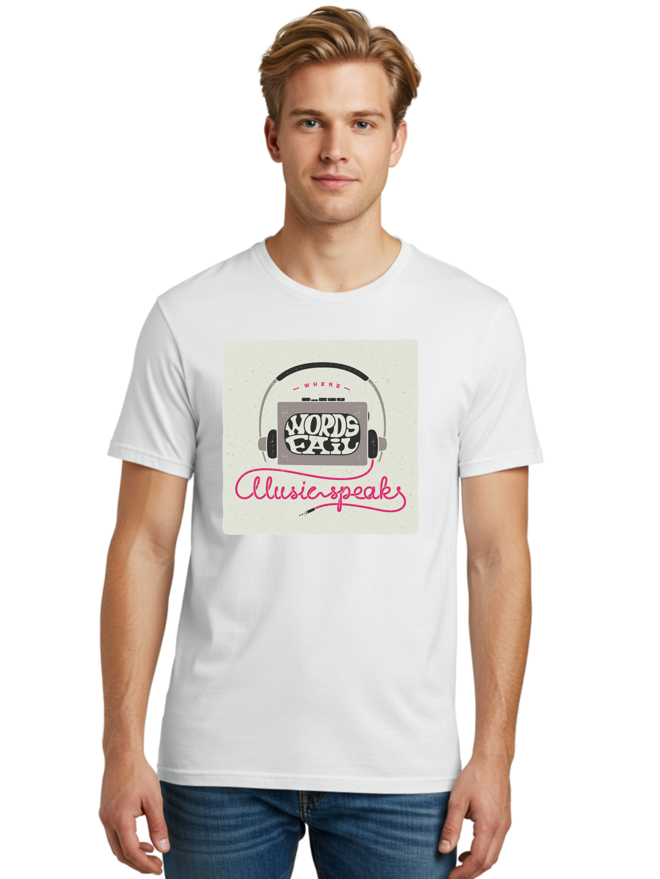 Where-Words-Fail-Music-Speaks-1 Men'S Graphic Tee, 100% Cotton, Comfortable Casual Summer Wear, Machine Washable, Music Speaks, Where Words Fail, Inspirational Quotes, Motivational Phrases, Music Headphones, Retro Style, Artistic Expression, Aac440