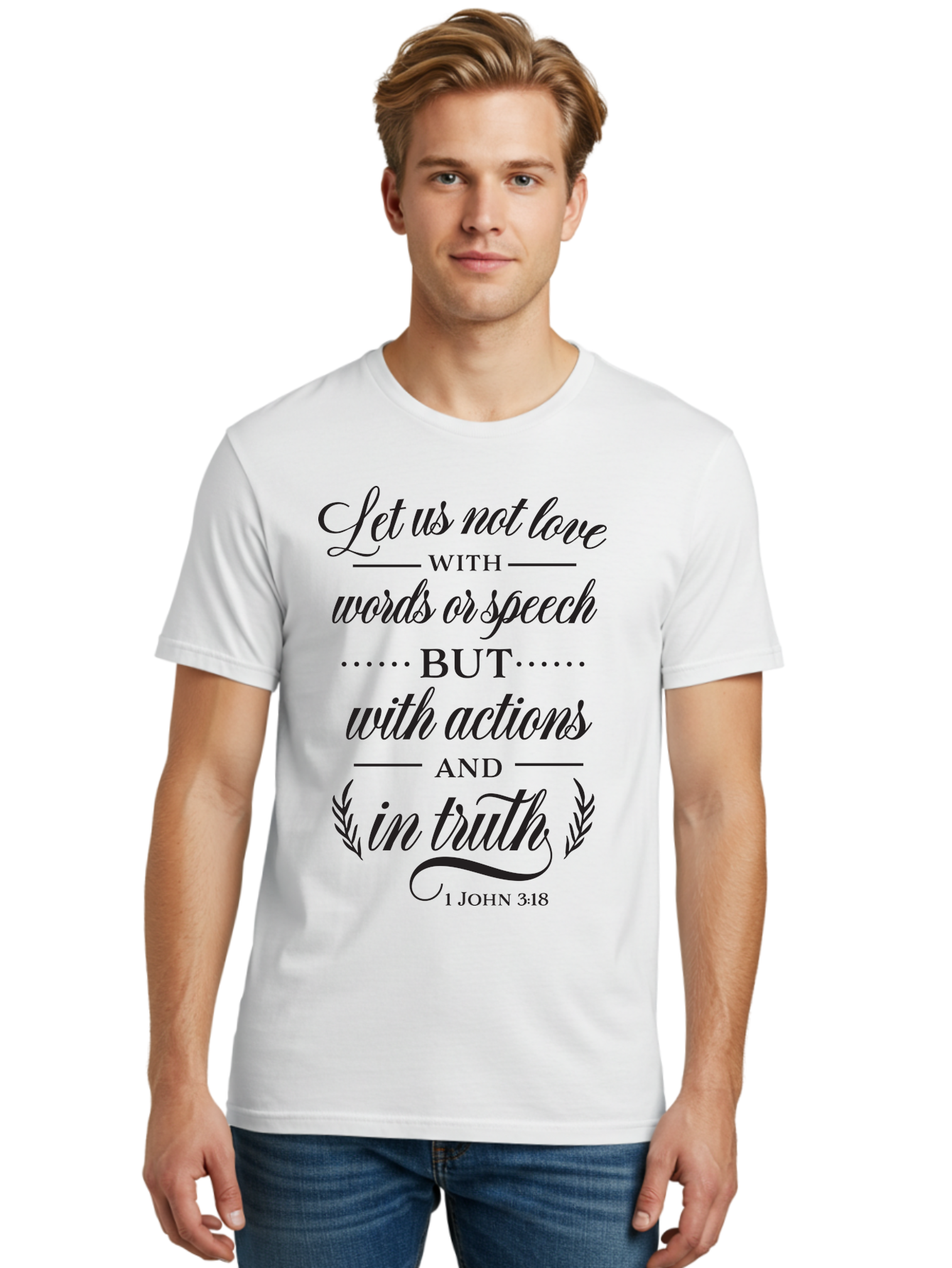 1-John-3-18 Men'S Graphic Tee, 100% Cotton, Comfortable Casual Summer Wear, Machine Washable, Inspirational Quote, Biblical Verse, 1 John 3:18, Love In Truth, Actions Over Words, Spiritual Guidance, Faith-Based Message, Motivational Words Aac442