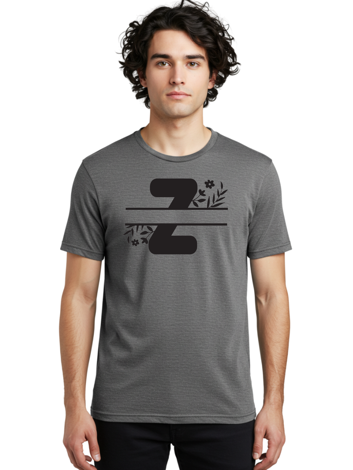 33 Men'S Graphic Tee, 100% Cotton, Comfortable Casual Summer Wear, Machine Washable, Number 33, Floral Design, Leafy Patterns, Flower Motifs, Elegant Typography, Decorative Elements, Black And Green Color Scheme Aac446