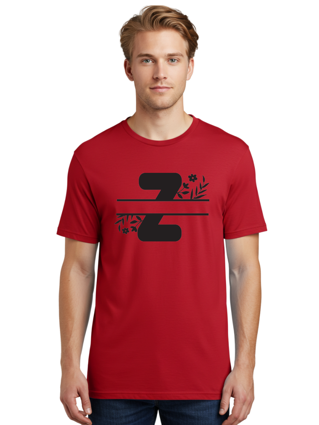 33 Men'S Graphic Tee, 100% Cotton, Comfortable Casual Summer Wear, Machine Washable, Number 33, Floral Design, Leafy Patterns, Flower Motifs, Elegant Typography, Decorative Elements, Black And Green Color Scheme Aac446