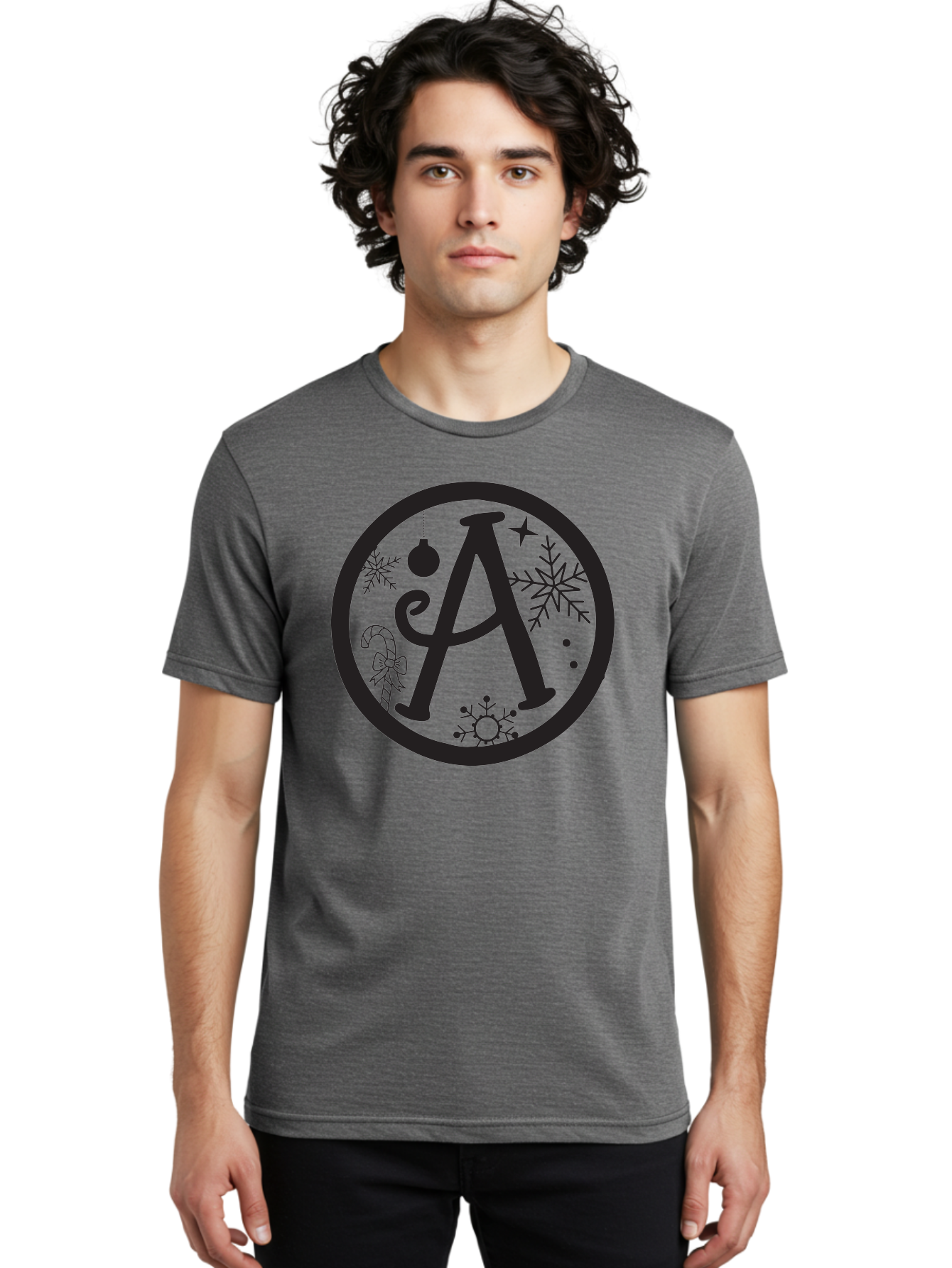 A Men'S Graphic Tee, 100% Cotton, Comfortable Casual Summer Wear, Machine Washable, Christmas Decorations, Black Letter A, Snowflakes, Candy Cane, Christmas Ornament, Holiday Themes, Festive Designs, Winter Wonderland, Christmas Symbols, Aac448