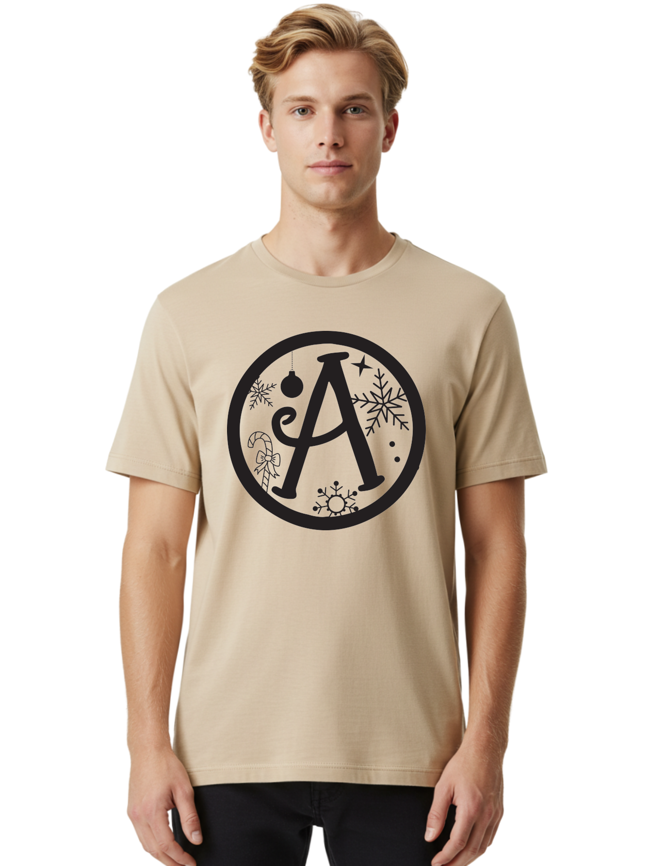 A Men'S Graphic Tee, 100% Cotton, Comfortable Casual Summer Wear, Machine Washable, Christmas Decorations, Black Letter A, Snowflakes, Candy Cane, Christmas Ornament, Holiday Themes, Festive Designs, Winter Wonderland, Christmas Symbols, Aac448