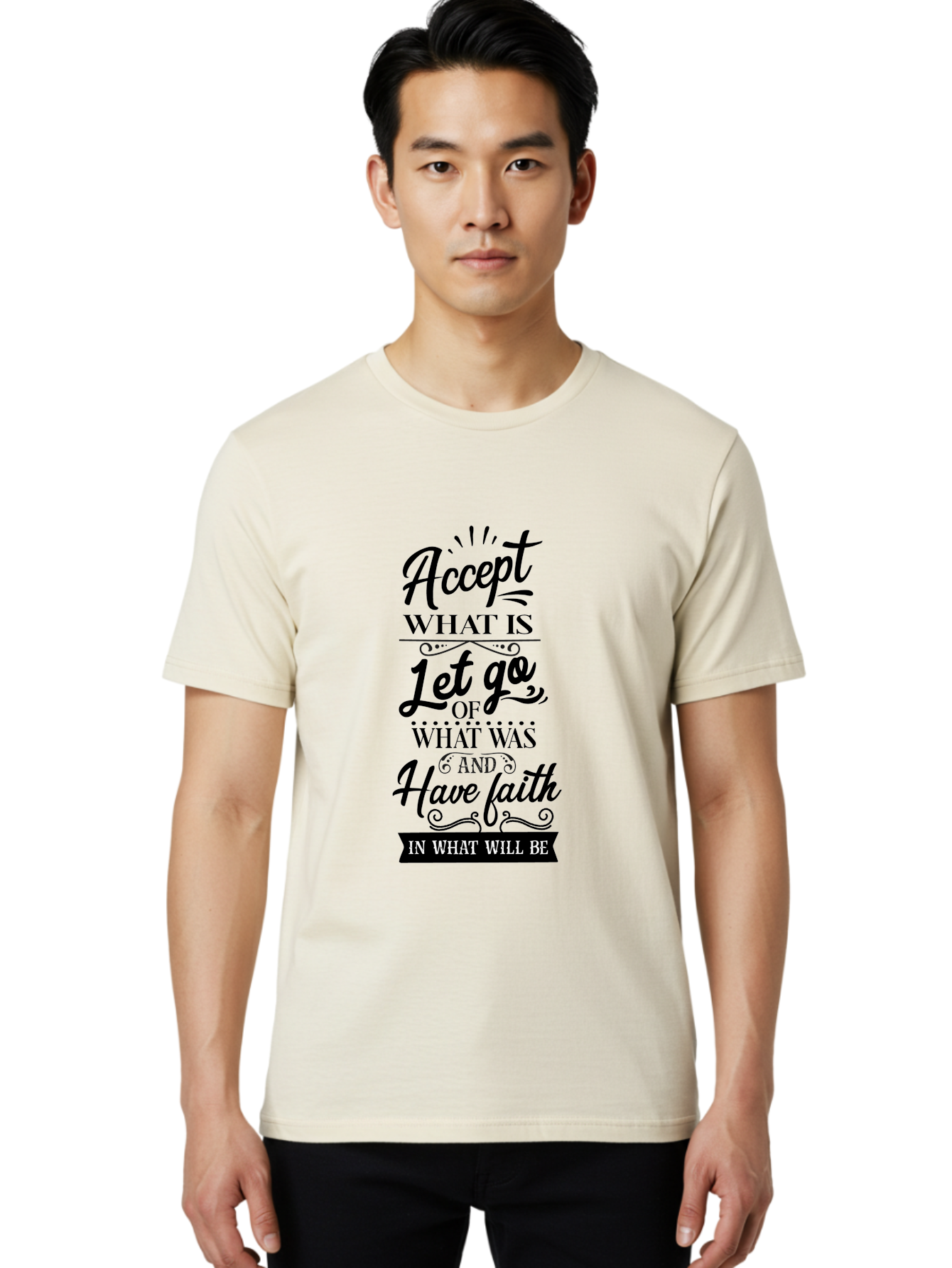 Accept-What-Is Men'S Graphic Tee, 100% Cotton, Comfortable Casual Summer Wear, Machine Washable, Inspirational Quote, Motivational Words, Positive Affirmation, Let Go And Have Faith, Self-Empowerment, Inner Strength, Personal Growth, Accept, Aac450