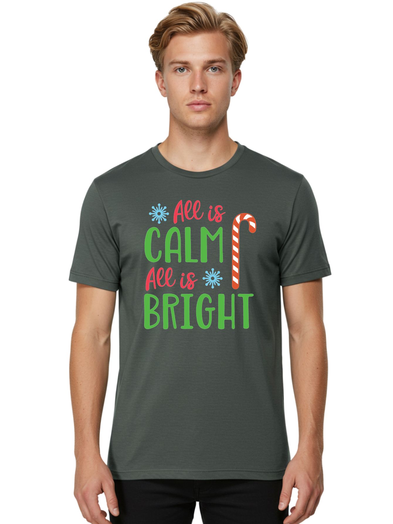 All-Is-Calm-All-Is-Bright Men'S Graphic Tee, 100% Cotton, Comfortable Casual Summer Wear, Machine Washable, Holiday Graphics, Christmas Decor, Candy Cane Art, Festive Typography, Winter Wonderland, Holiday Cheer, Christmas Magic, Sweet Treats, Aac458