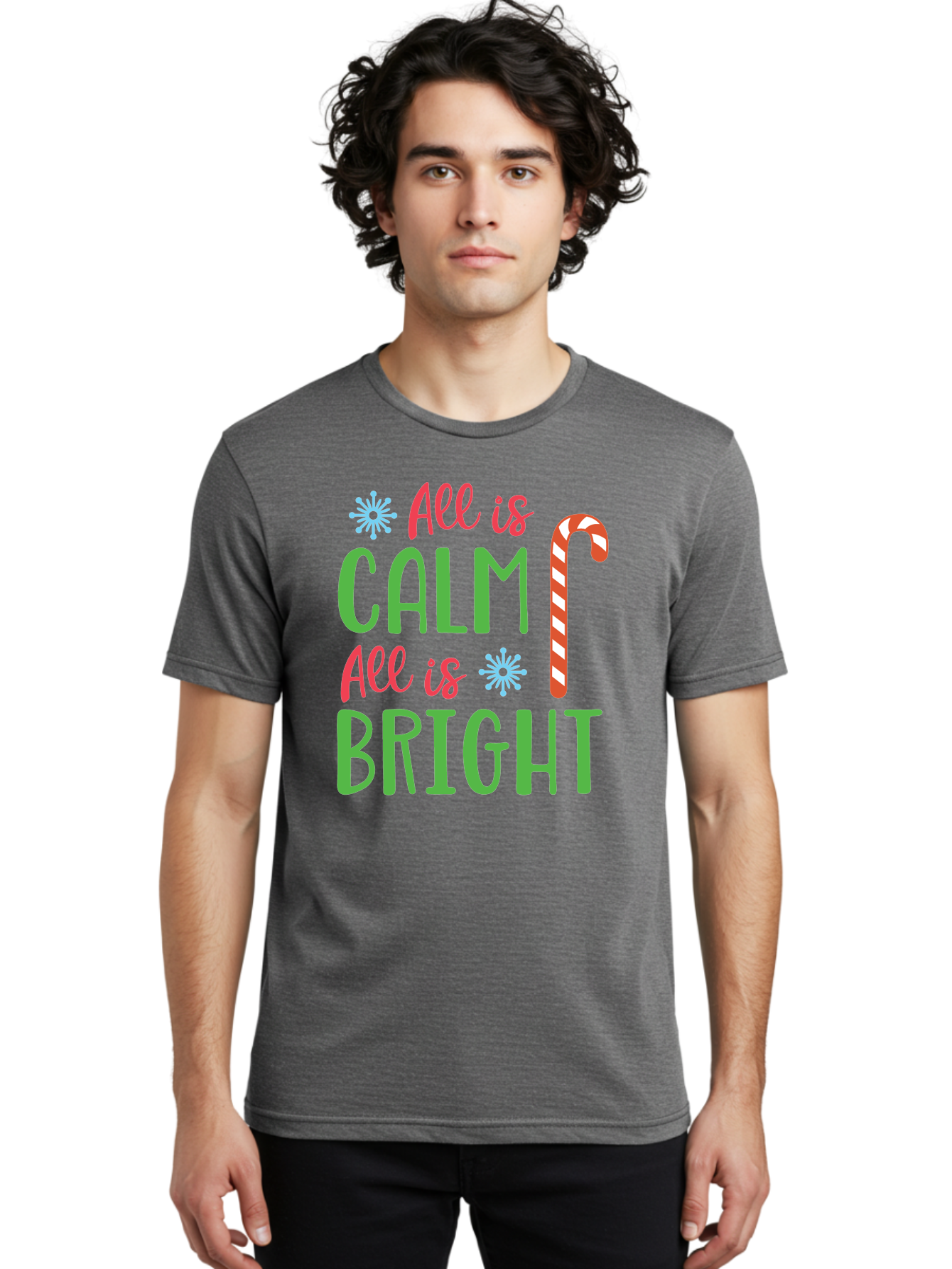 All-Is-Calm-All-Is-Bright Men'S Graphic Tee, 100% Cotton, Comfortable Casual Summer Wear, Machine Washable, Holiday Graphics, Christmas Decor, Candy Cane Art, Festive Typography, Winter Wonderland, Holiday Cheer, Christmas Magic, Sweet Treats, Aac458