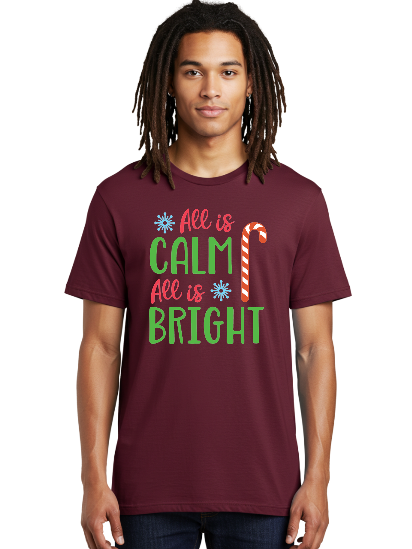 All-Is-Calm-All-Is-Bright Men'S Graphic Tee, 100% Cotton, Comfortable Casual Summer Wear, Machine Washable, Holiday Graphics, Christmas Decor, Candy Cane Art, Festive Typography, Winter Wonderland, Holiday Cheer, Christmas Magic, Sweet Treats, Aac458