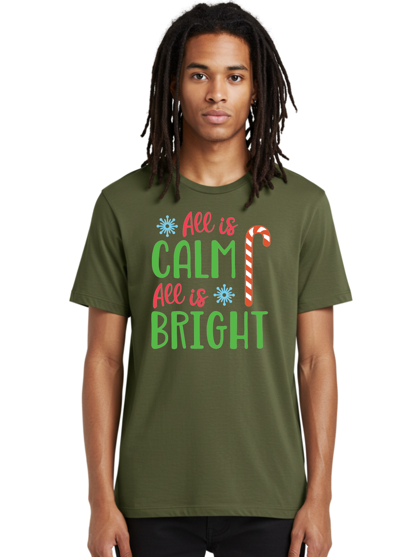 All-Is-Calm-All-Is-Bright Men'S Graphic Tee, 100% Cotton, Comfortable Casual Summer Wear, Machine Washable, Holiday Graphics, Christmas Decor, Candy Cane Art, Festive Typography, Winter Wonderland, Holiday Cheer, Christmas Magic, Sweet Treats, Aac458
