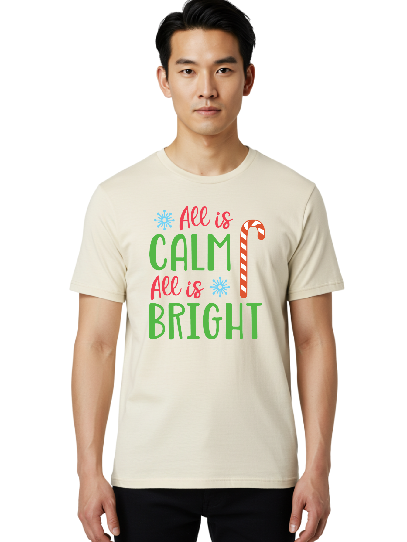 All-Is-Calm-All-Is-Bright Men'S Graphic Tee, 100% Cotton, Comfortable Casual Summer Wear, Machine Washable, Holiday Graphics, Christmas Decor, Candy Cane Art, Festive Typography, Winter Wonderland, Holiday Cheer, Christmas Magic, Sweet Treats, Aac458