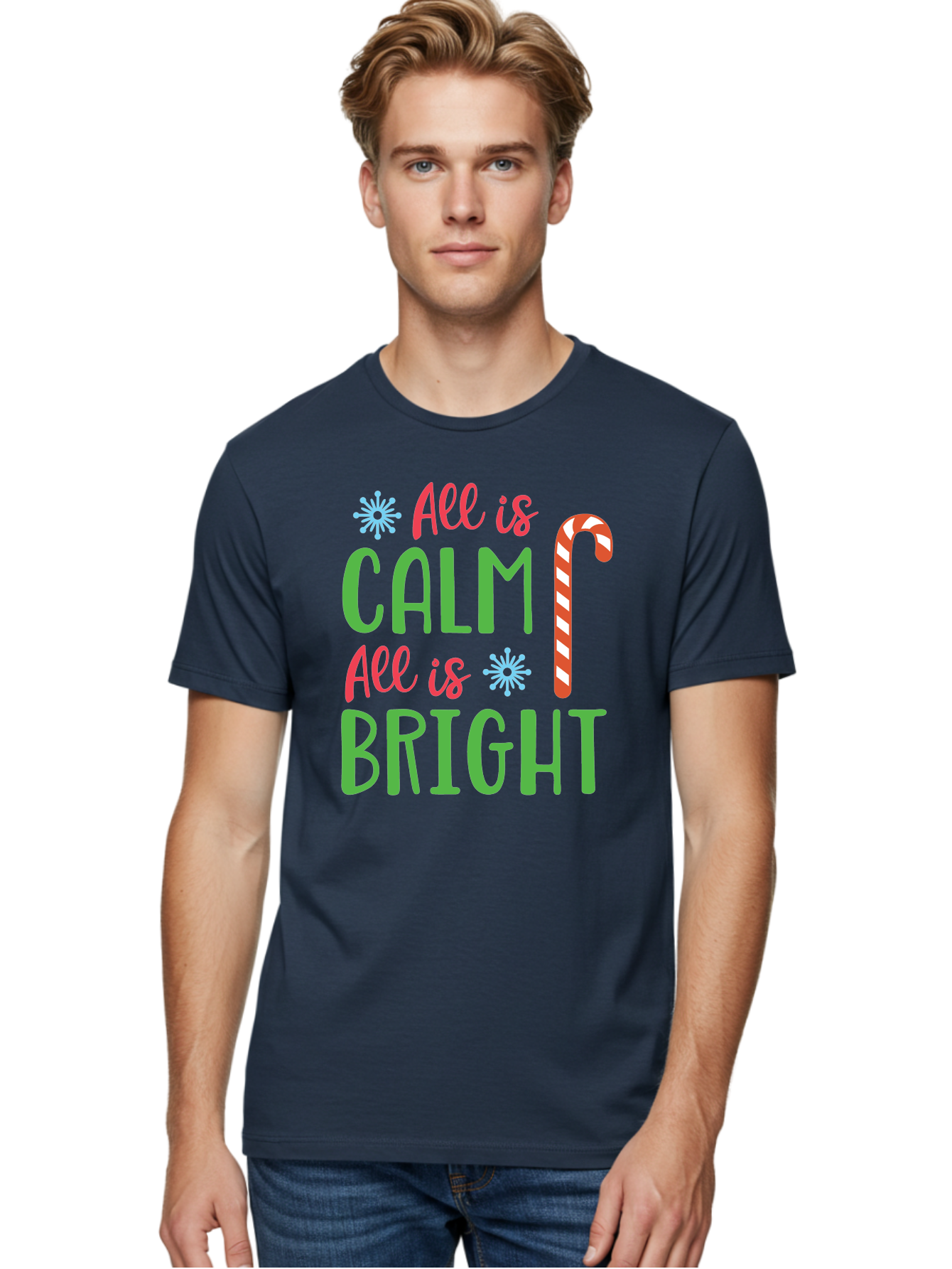 All-Is-Calm-All-Is-Bright Men'S Graphic Tee, 100% Cotton, Comfortable Casual Summer Wear, Machine Washable, Holiday Graphics, Christmas Decor, Candy Cane Art, Festive Typography, Winter Wonderland, Holiday Cheer, Christmas Magic, Sweet Treats, Aac458