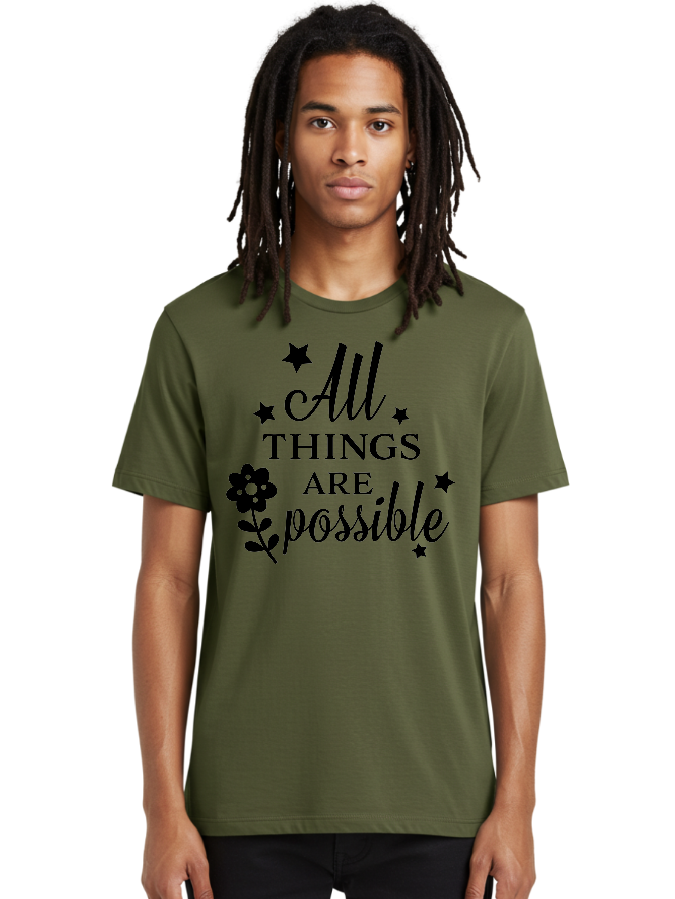 All-Things-Are-Possible Men'S Graphic Tee, 100% Cotton, Comfortable Casual Summer Wear, Machine Washable, Inspirational Quote, Motivational Message, Positive Affirmation, Black Text, Floral Design, Starry Accents, Motivational Wall Art, Aac460