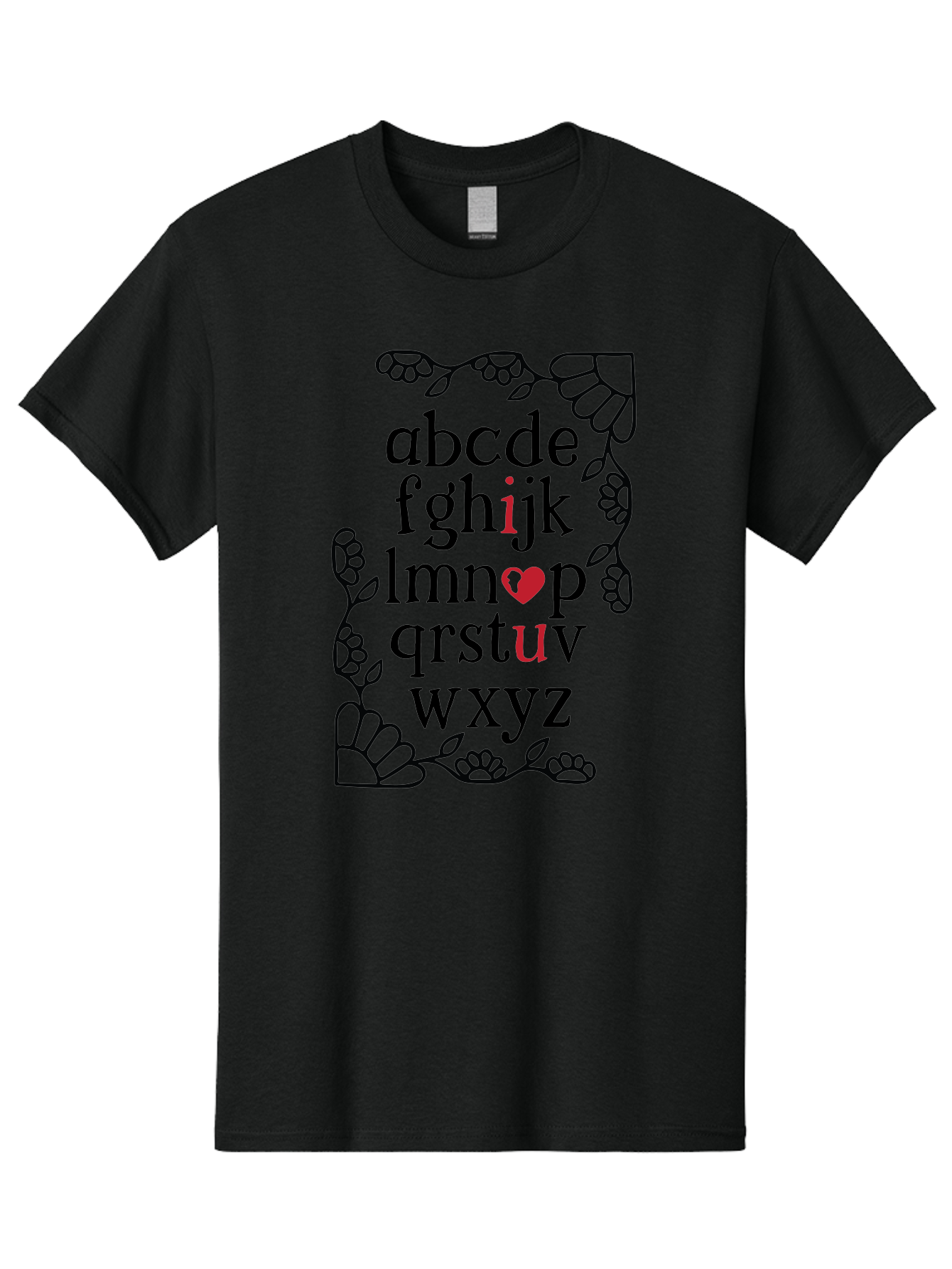Alphabet-Abcdefghijklmnopqrstuvwxyz Men'S Graphic Tee, 100% Cotton, Comfortable Casual Summer Wear, Machine Washable, Typography Illustration, Alphabet Letters, Floral Vines, Paw Prints, Heart Symbol, Red Accents, Black Font, Creative Design, Aac465