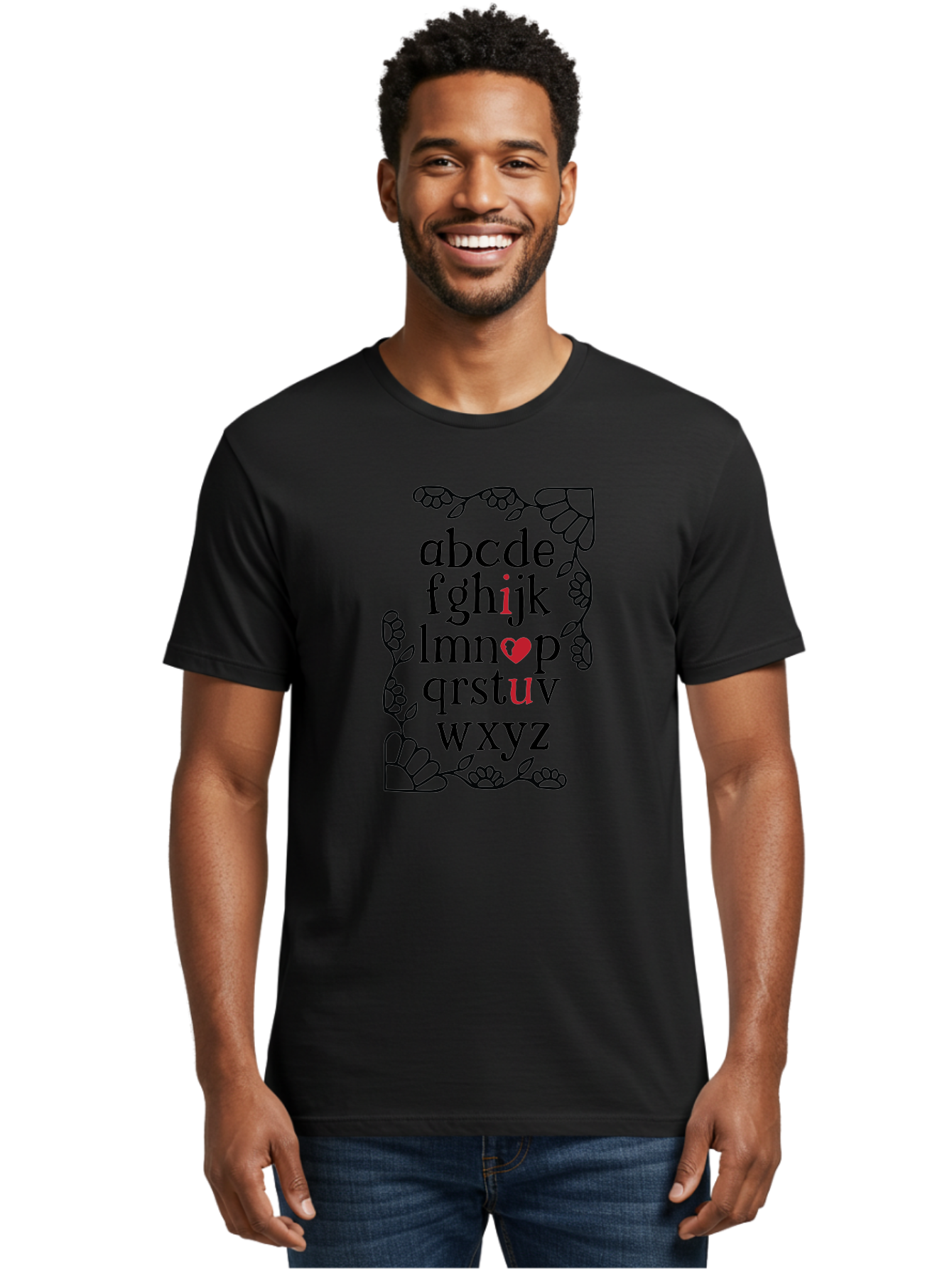 Alphabet-Abcdefghijklmnopqrstuvwxyz Men'S Graphic Tee, 100% Cotton, Comfortable Casual Summer Wear, Machine Washable, Typography Illustration, Alphabet Letters, Floral Vines, Paw Prints, Heart Symbol, Red Accents, Black Font, Creative Design, Aac465