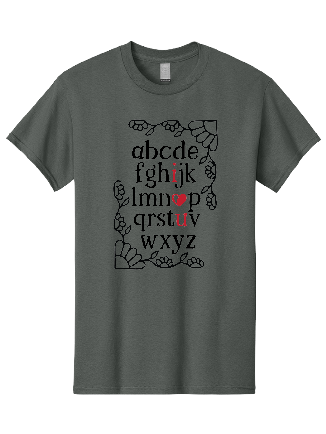 Alphabet-Abcdefghijklmnopqrstuvwxyz Men'S Graphic Tee, 100% Cotton, Comfortable Casual Summer Wear, Machine Washable, Typography Illustration, Alphabet Letters, Floral Vines, Paw Prints, Heart Symbol, Red Accents, Black Font, Creative Design, Aac465
